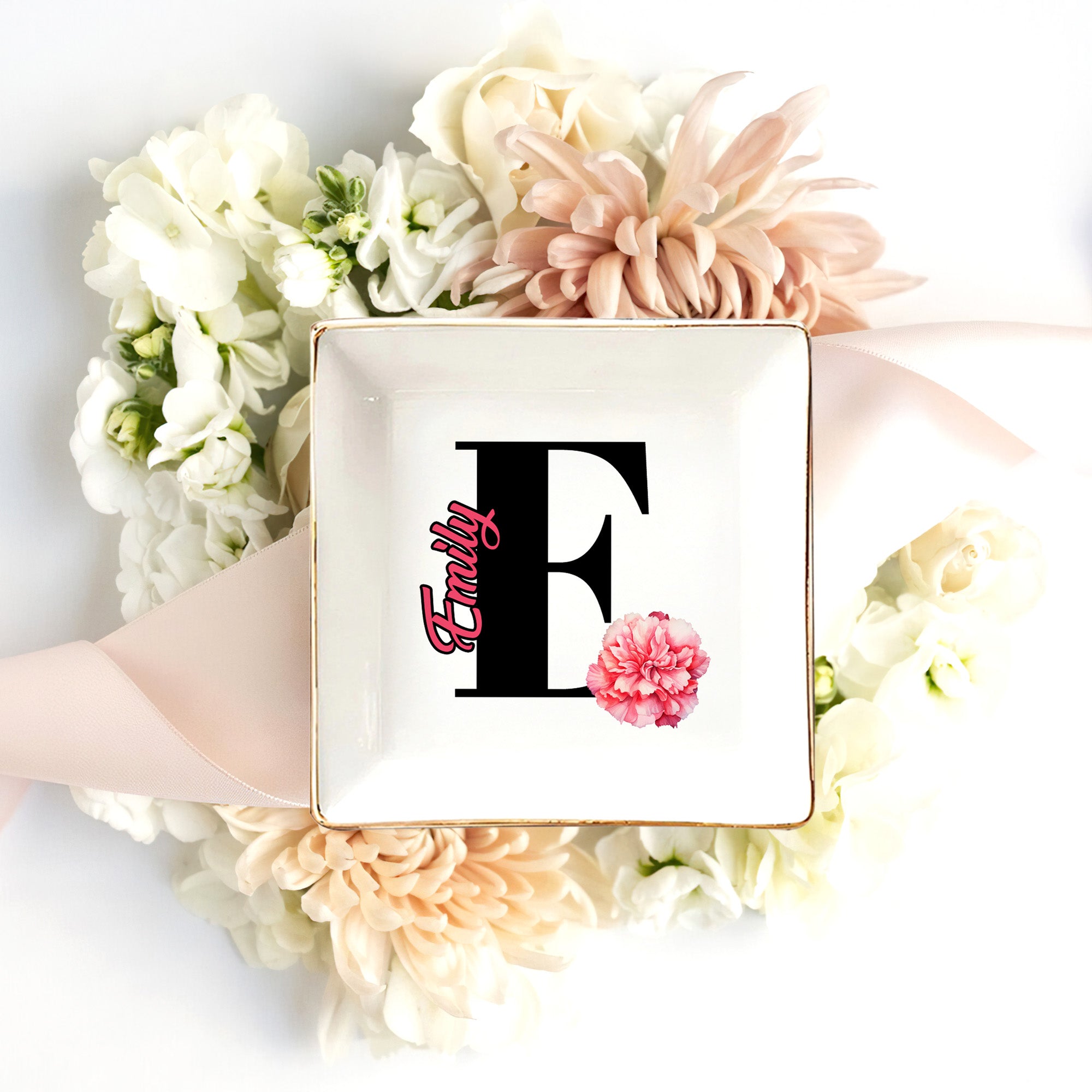 Personalizada Nacimiento Flor de cerámica Baratija Joyería Plato con Inicial y Nombre Boda Compromiso Cumpleaños Regalo de Navidad para las mujeres
