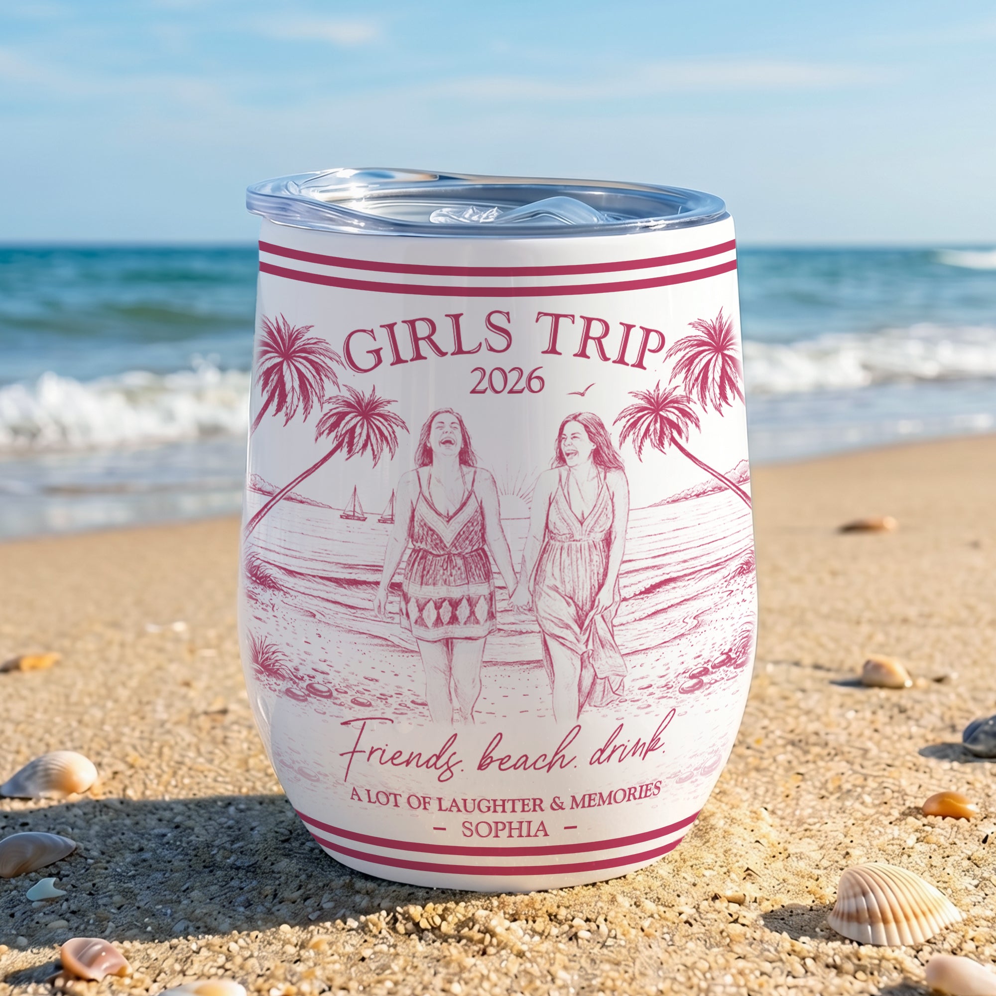 Vaso de Vino Aislado Personalizado con Lápiz y Foto del Cocotero de 12 oz con Labio y Nombre Uso de Viaje Regalo de Fiesta en la Playa para Chica Bestie Dama de Honor