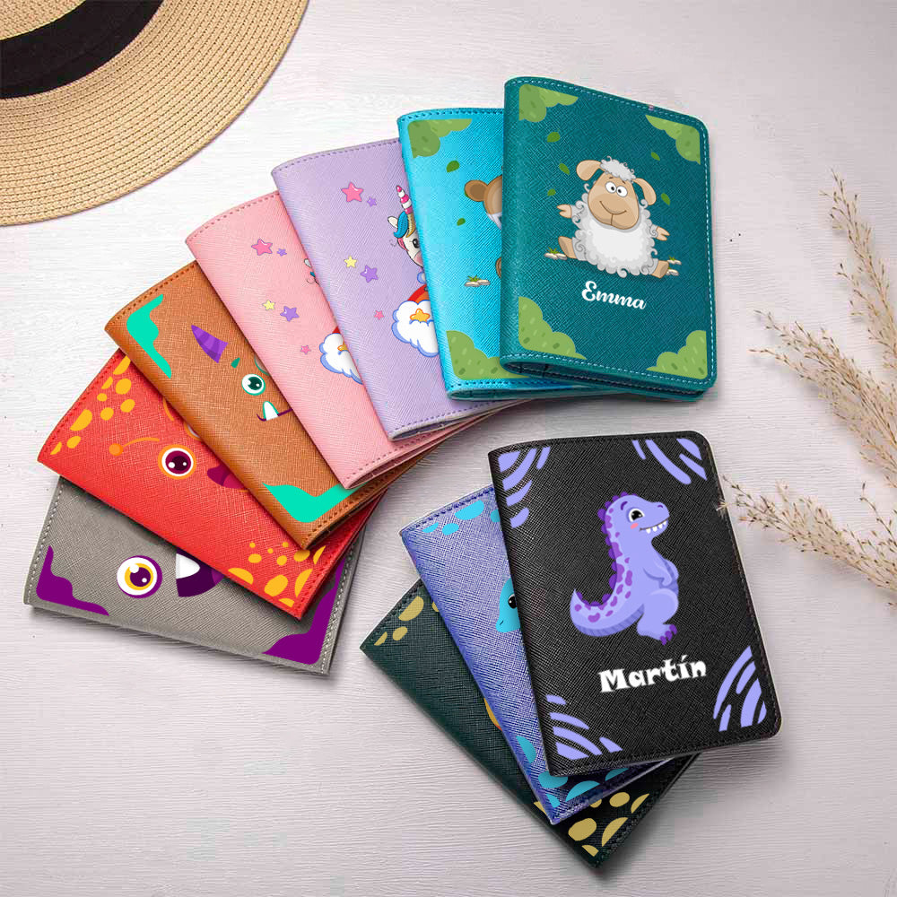 Etiqueta de equipaje y funda para pasaporte de cuero PU con monstruo unicornio dinosaurio animales y nombre regalo de cumpleaños para niños