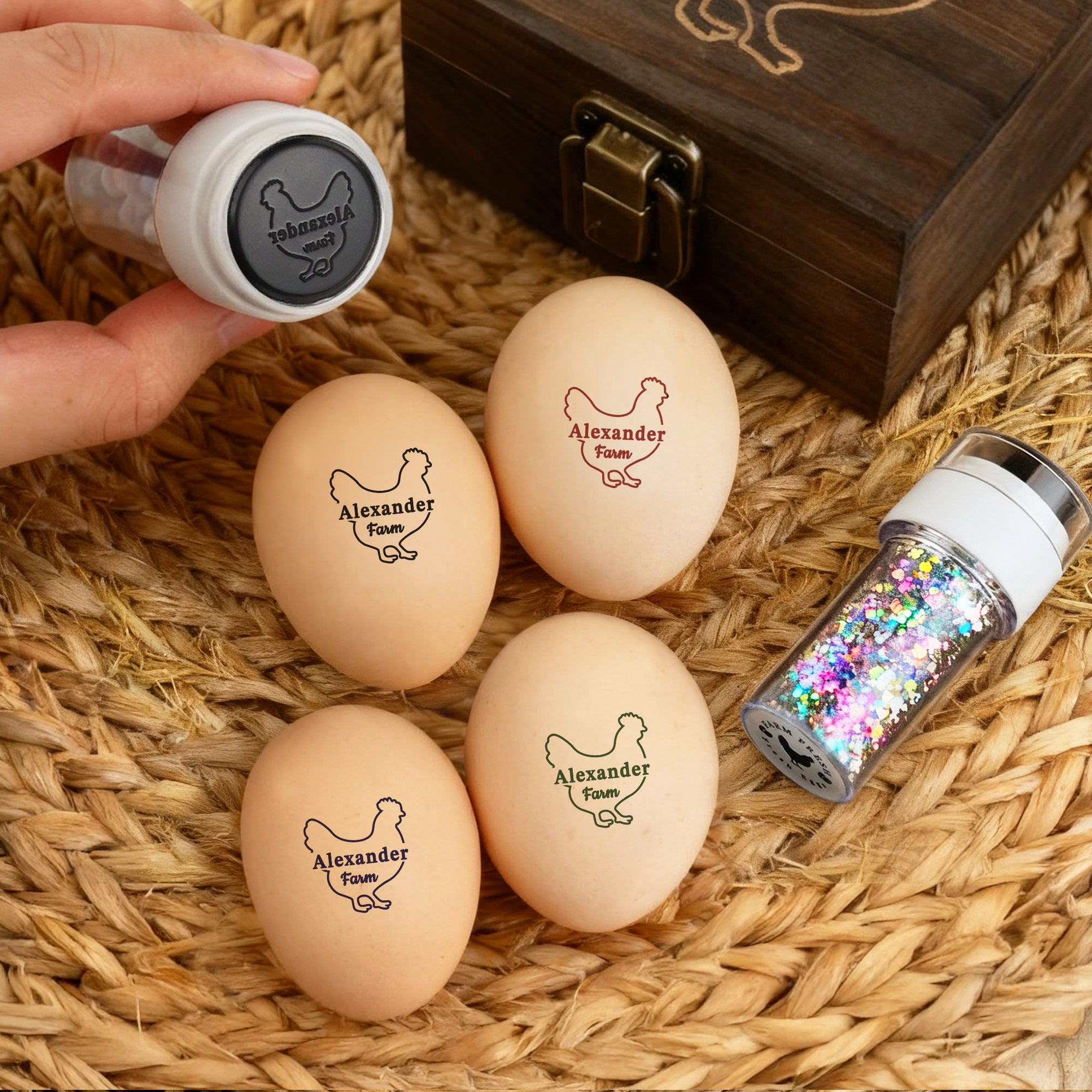 Bola de color personalizada con purpurina y estrella Silueta de gallina Sello de huevo seguro con nombre Tinta de calidad alimentaria y caja Regalo de cumpleaños para familia Granjero Criador