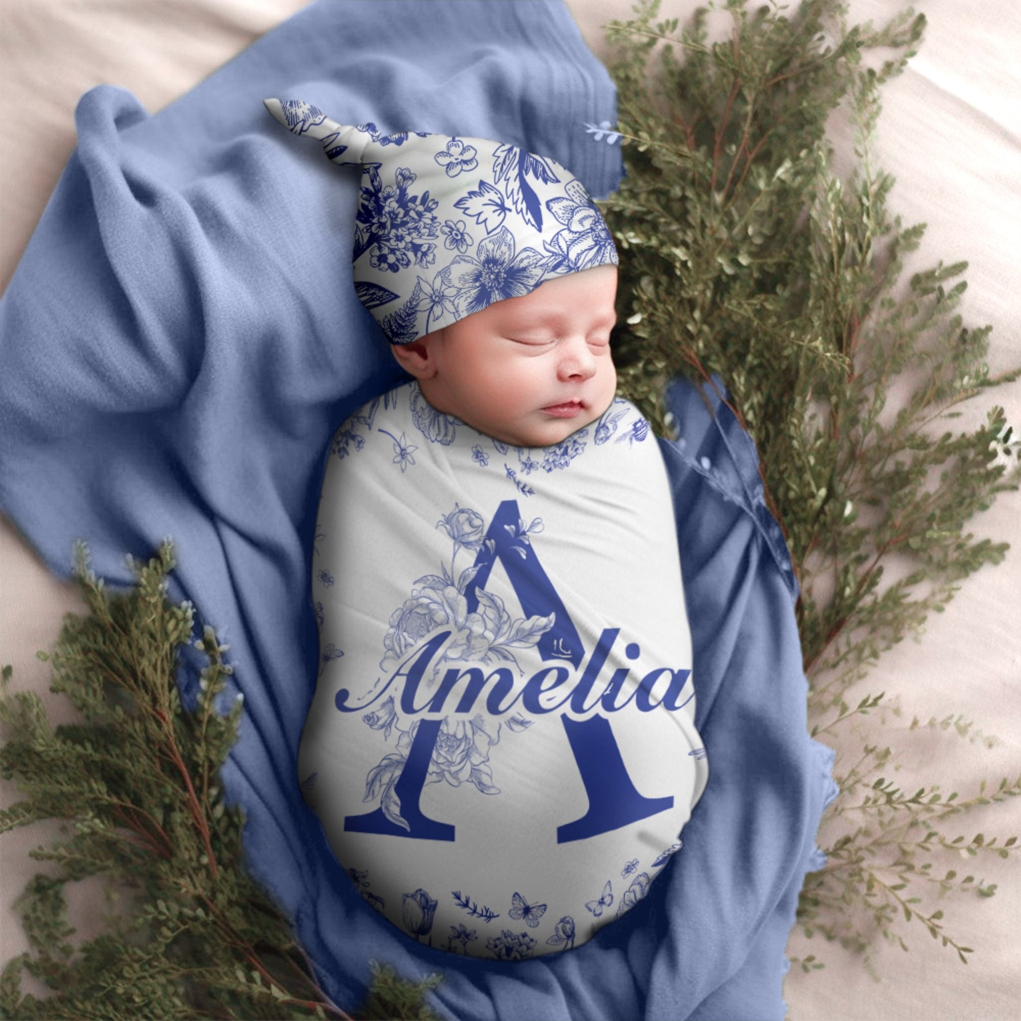 Set personalizado de manta y gorro con nudo estilo Toile De Jouy con iniciales y nombre Baby Shower Regalo de cumpleaños para recién nacidos Bebés