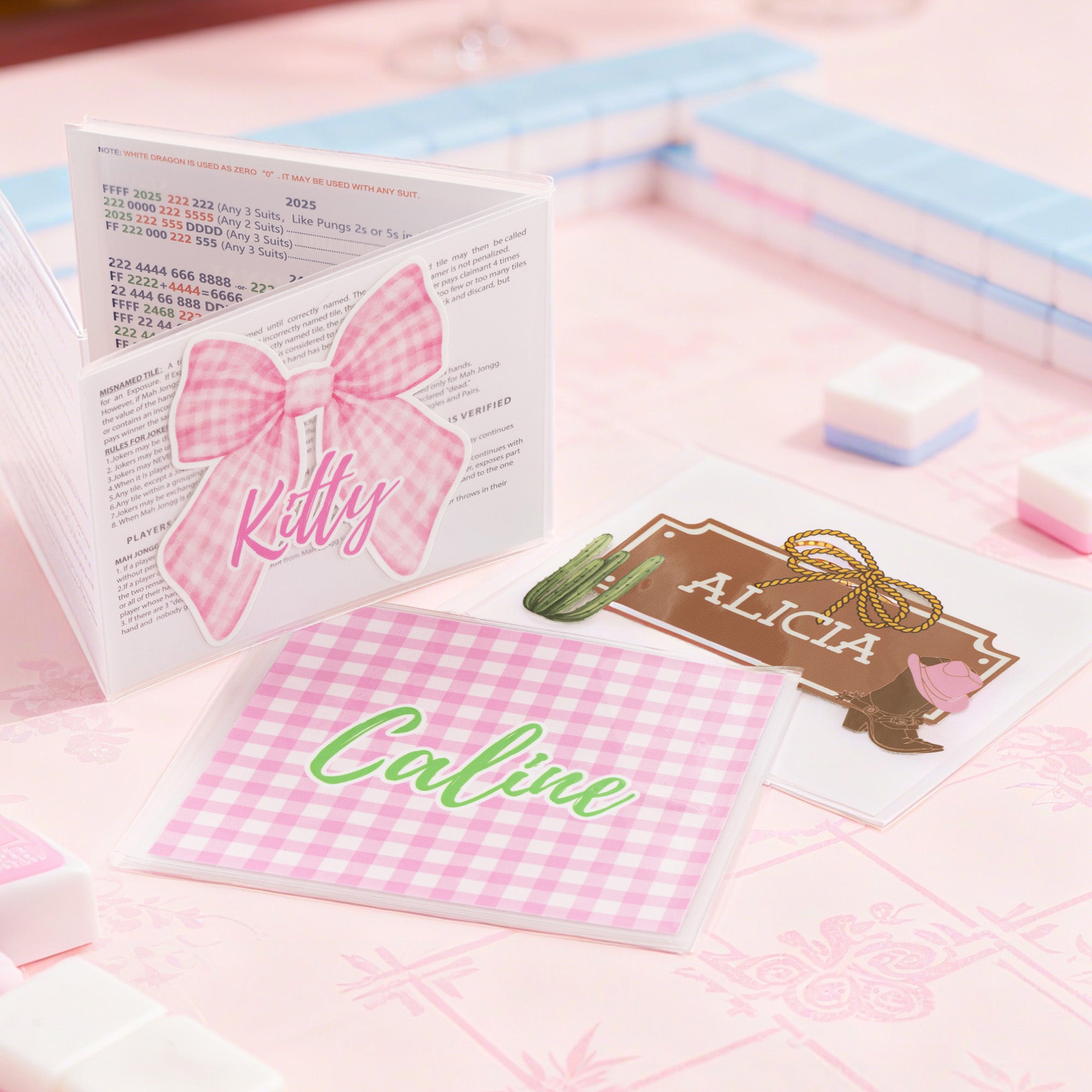 Pajarita personalizada NMJL Tarjetero tríptico Mahjong con nombre Juego familiar Regalo de cumpleaños para los entusiastas del Mahjong