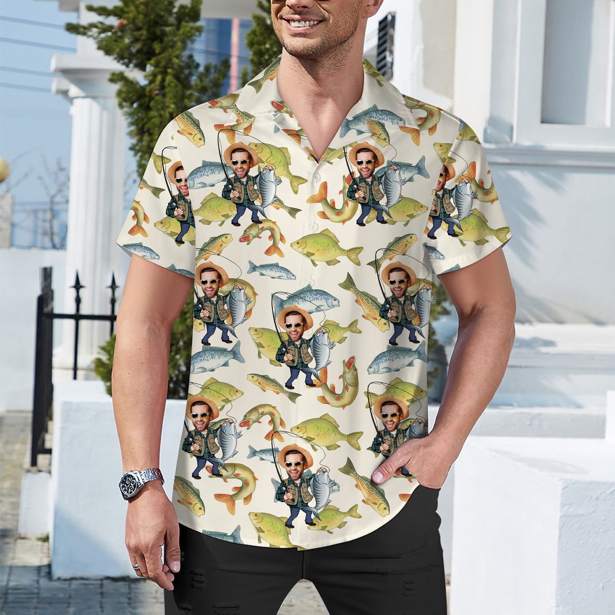 Camisa hawaiana personalizada para hombre con tema de pesca Foto transpirable Vacaciones de verano Cumpleaños Regalo para entusiastas de la pesca