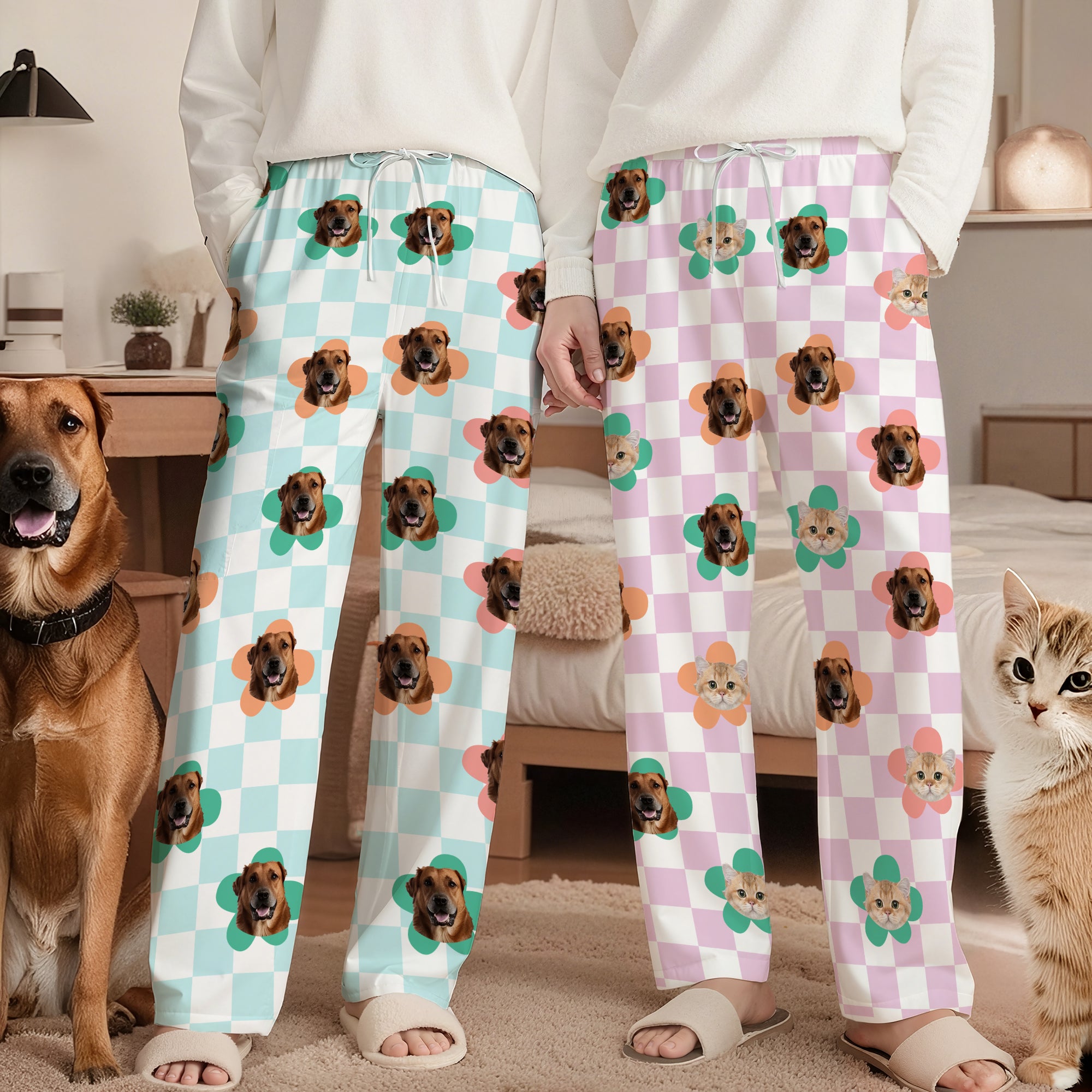 Personalizado Multicolor Plaid 1-4 Mascota Cara Fotos Mujeres Hombres Pijama Pantalones Fiesta Cumpleaños Regalo para los amantes de las mascotas Propietarios