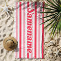 Toalla de playa personalizada de rayas retro multicolor de secado rápido con nombre Vacaciones de verano Viaje Piscina Playa Fiesta de cumpleaños Regalo para la familia Amigos