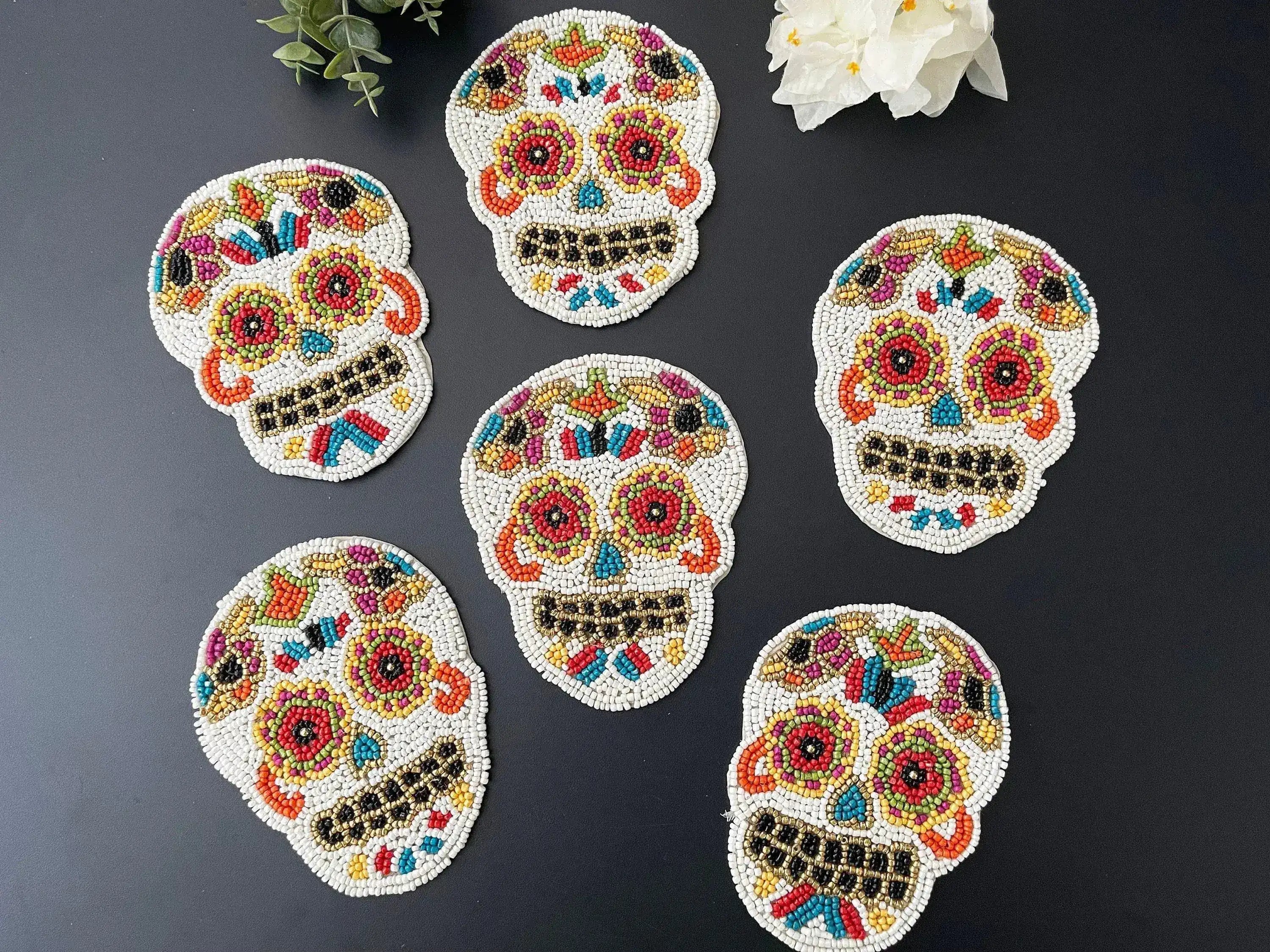 Dia de los Muertos Halloween Skull Bead Coasters Set of 6