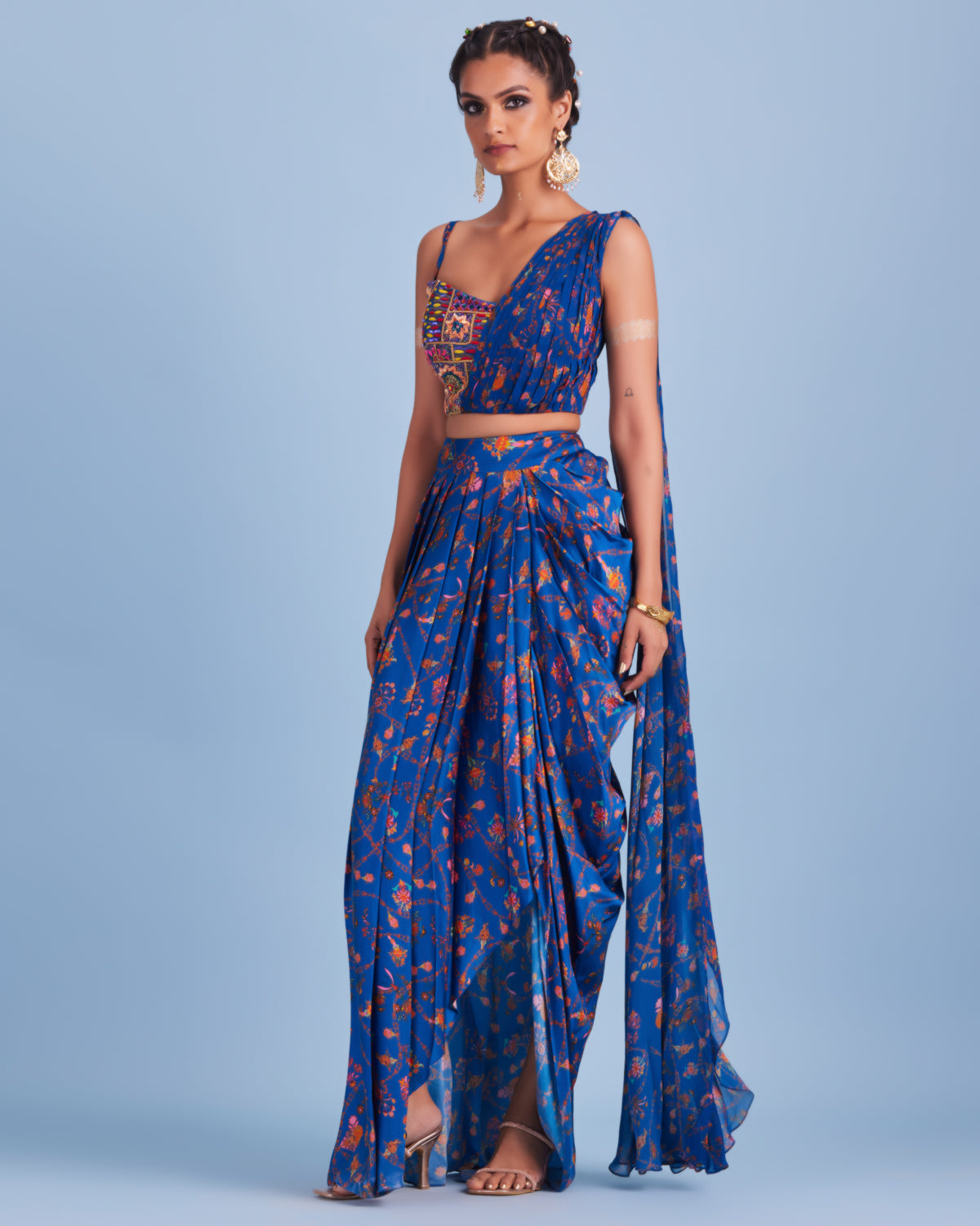Blue Bale Printed Asymmetrical Skirt Set By KYNAH, Luxury Indian Fashion & Bridal Wear