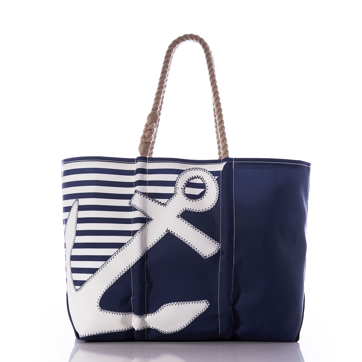 Breton Stripe White Anchor Large Tote Handmade in Maine from Recycled Sails