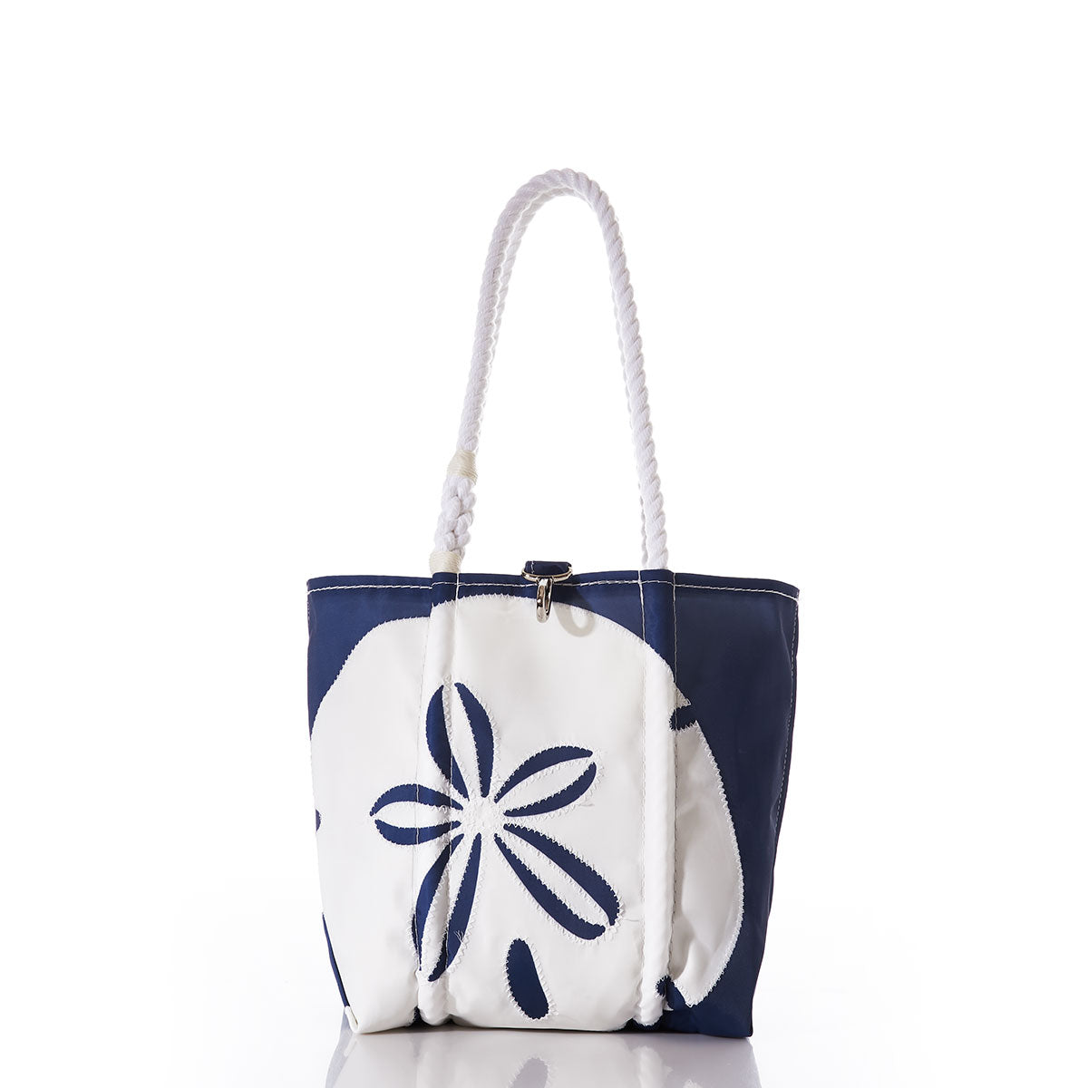 White on Navy Sand Dollar Handbag Handmade in Maine from Recycled Sails