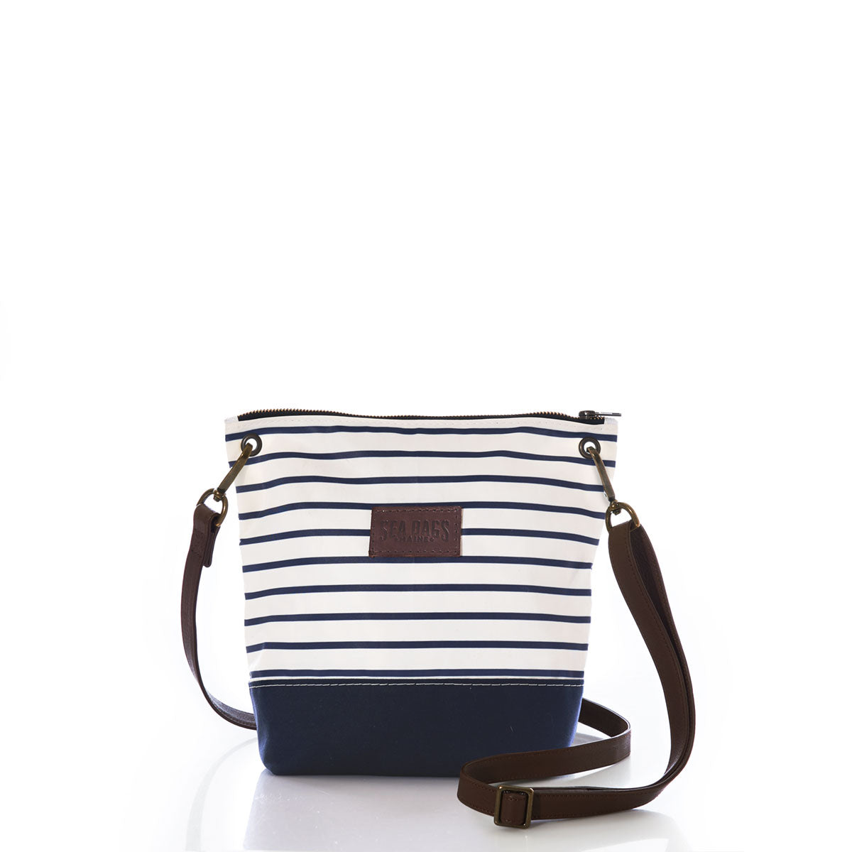 Navy Mariner Stripe Chebeague Crossbody Bag Handmade in Maine from Recycled Sails