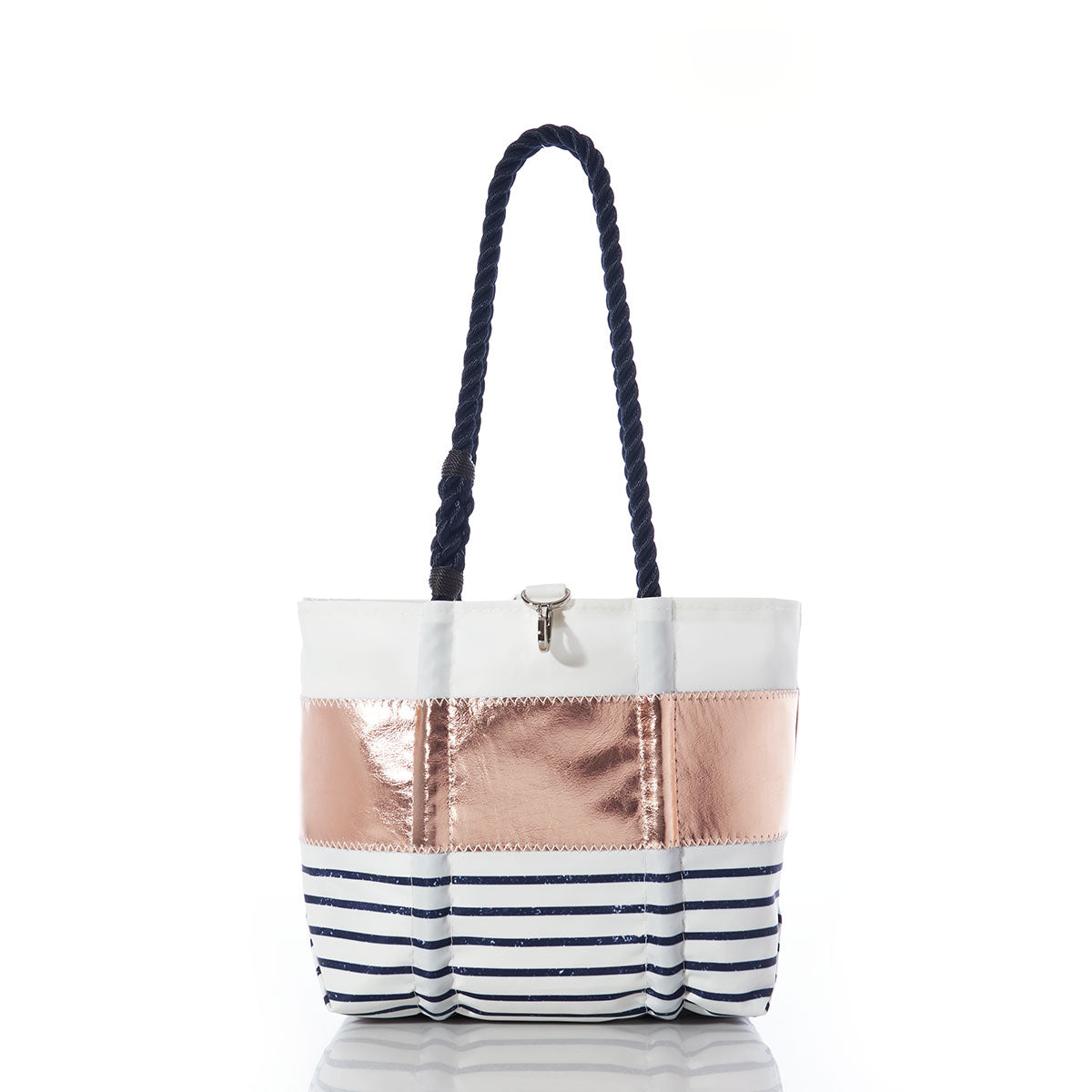 Rose Gold-on-Navy Mariner Stripe Handbag Handmade in Maine from Recycled Sails
