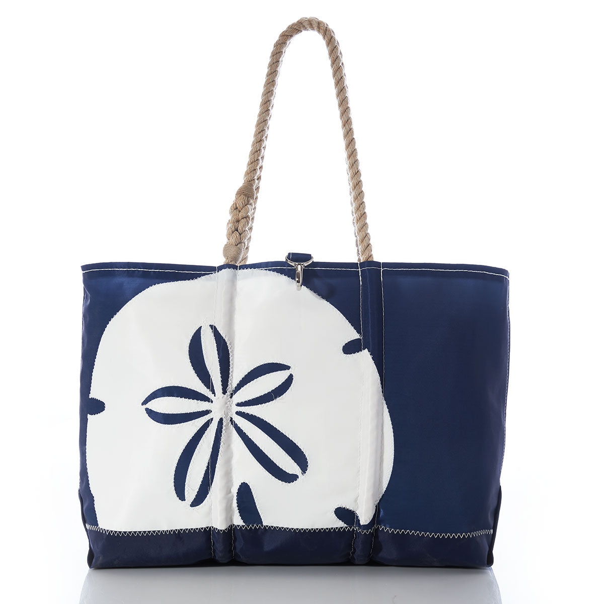 White on Navy Sand Dollar Ogunquit Beach Tote Handmade in Maine from Recycled Sails