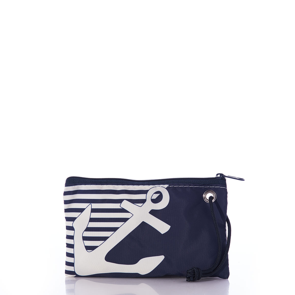 Breton Stripe White Anchor Wristlet Handmade in Maine from Recycled Sails
