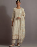 Ivory Tissue Appliqued Straight Kurta Set By KYNAH, Luxury Indian Fashion & Bridal Wear