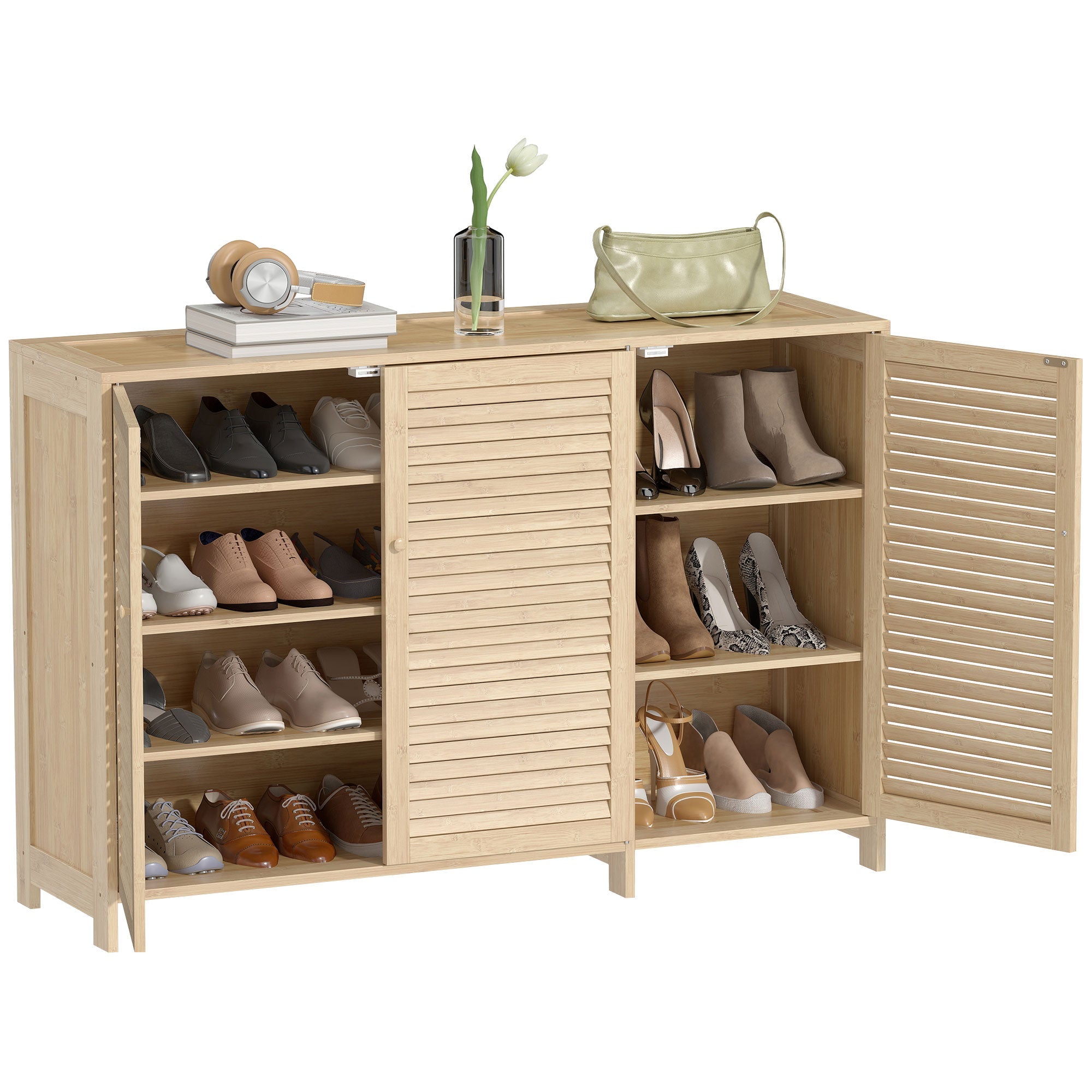 Eco-Bamboo Expandable Shoe Cabinet with Louvered Doors for 18 Pairs, Natural Wood Finish
