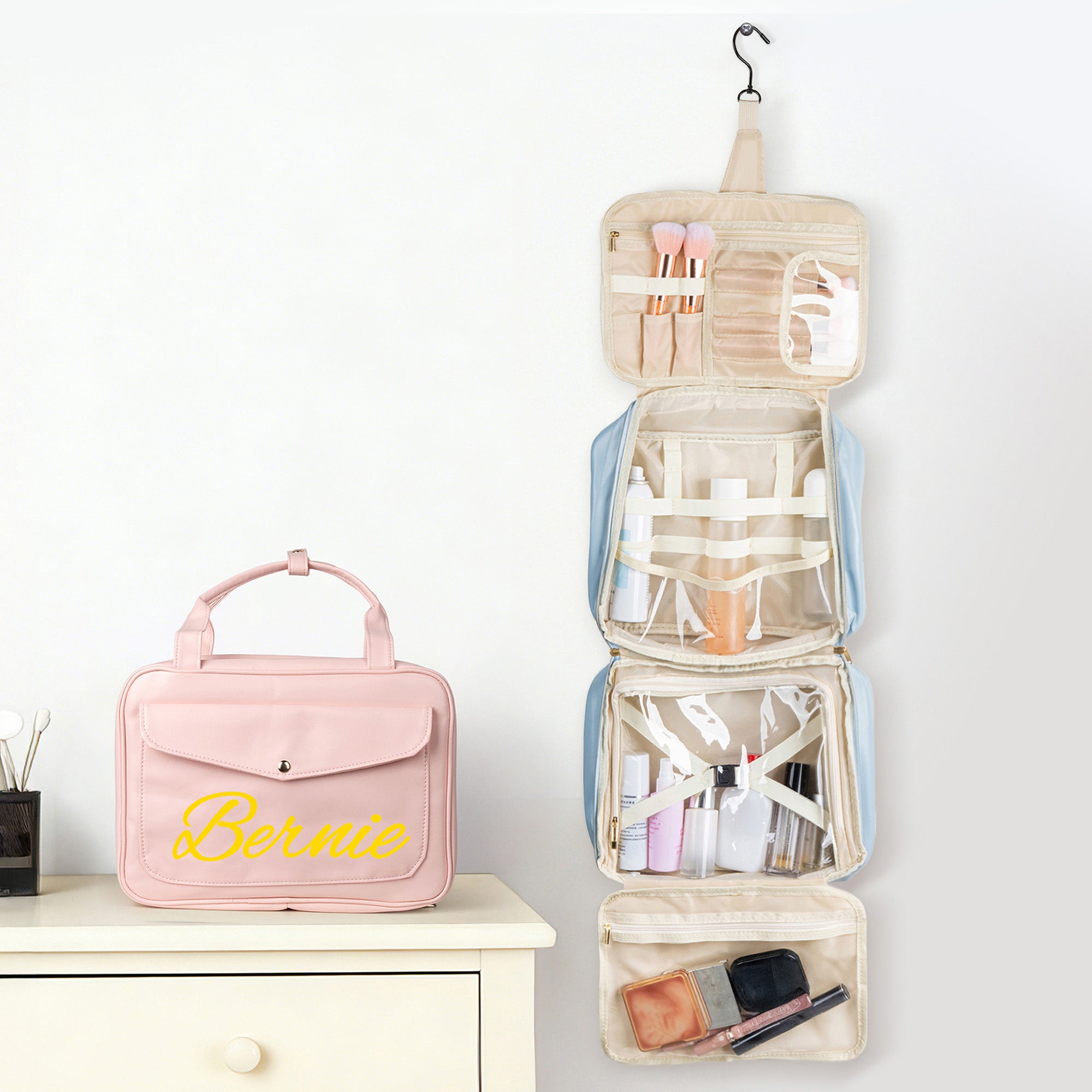 Neceser de viaje portátil de cuero PU con nombre e inicial Personalizado Regalo de boda de cumpleaños para mujer