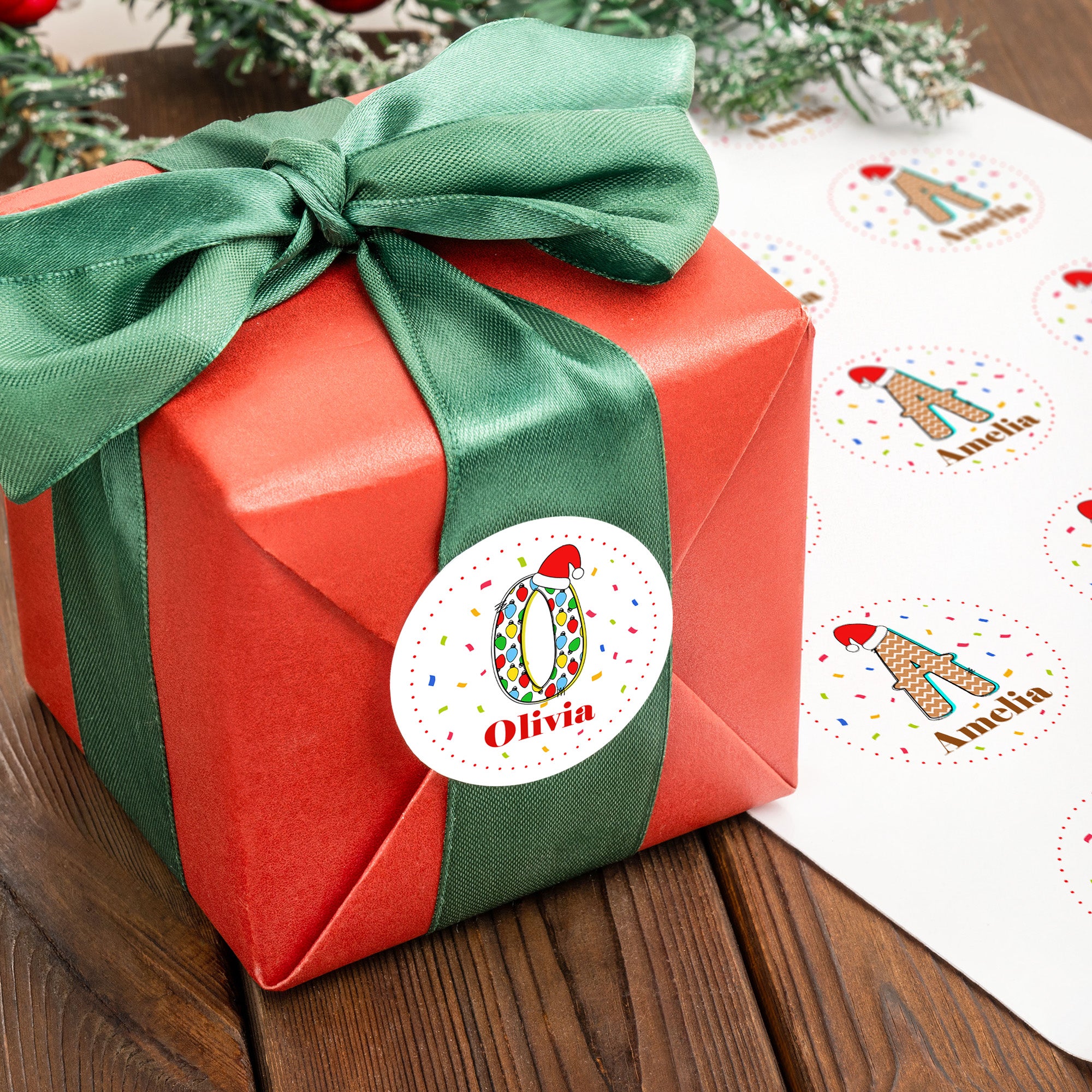 Gorro de Papá Noel personalizado con iniciales Fuegos artificiales de colores Pegatinas impermeables con nombre Fiesta Festival Regalo de Navidad para niños
