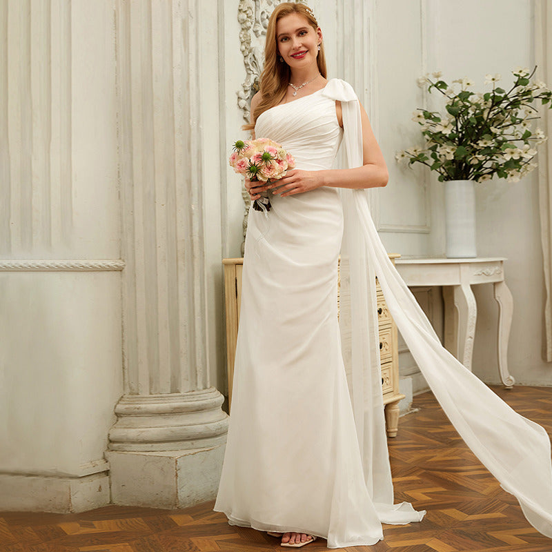Bridal Wedding Dress Ivory Sleeveless Long One Shoulder Sheath Chiffon