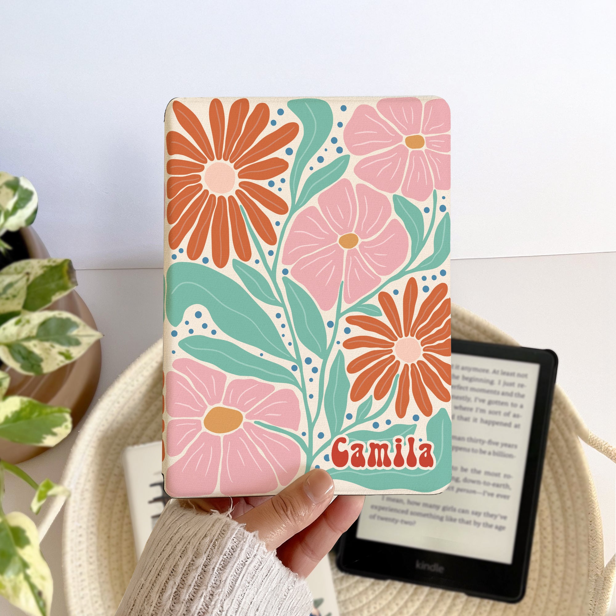 Funda Magnética Portátil Personalizada Floral de Colores con Nombre para Kindle Uso Diario Club de Lectura Regalo de Cumpleaños para Amantes de los Libros Ratones de Biblioteca