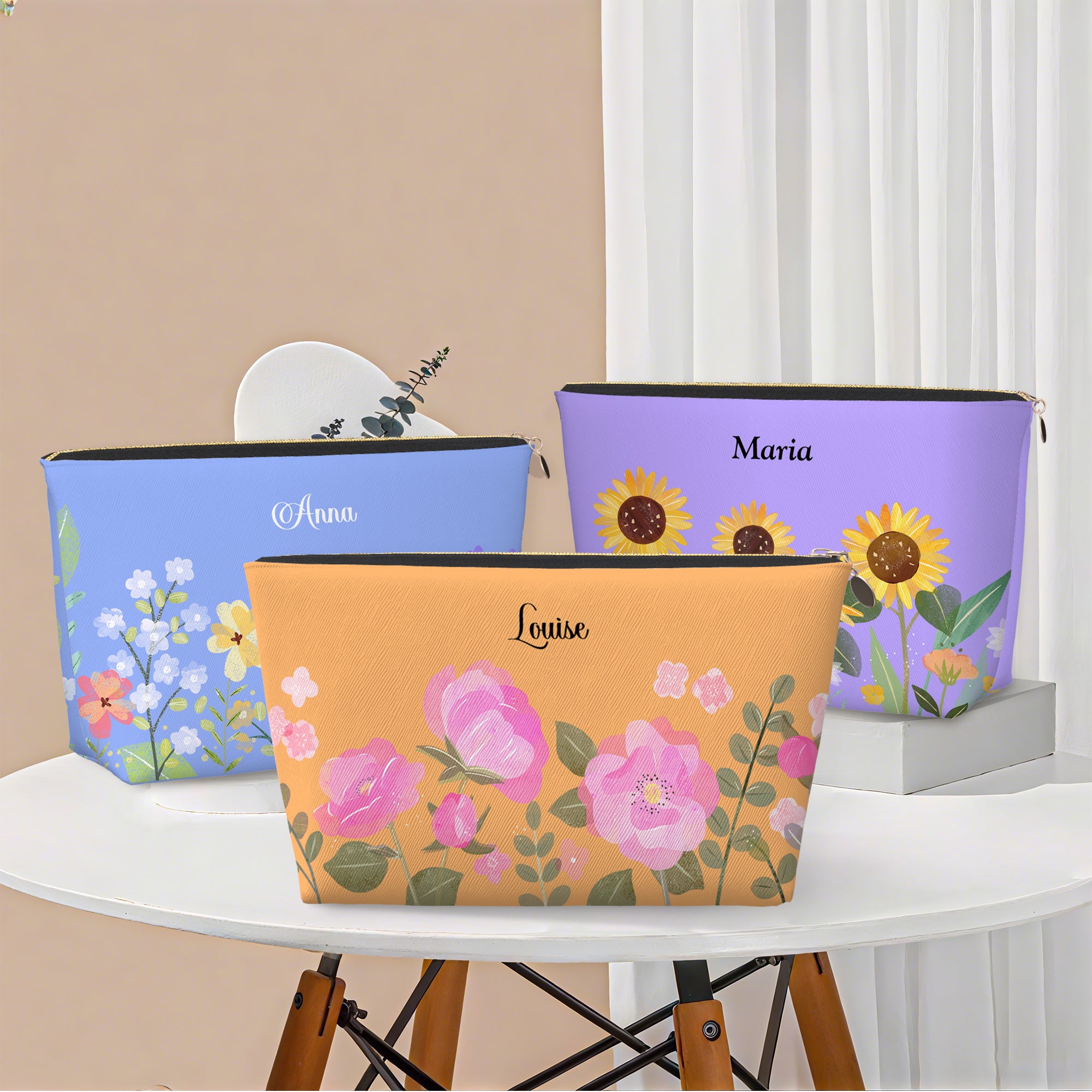 Bolsa de maquillaje portátil personalizada con nombre Flores de acuarela Regalo de cumpleaños esencial de viaje para mujer