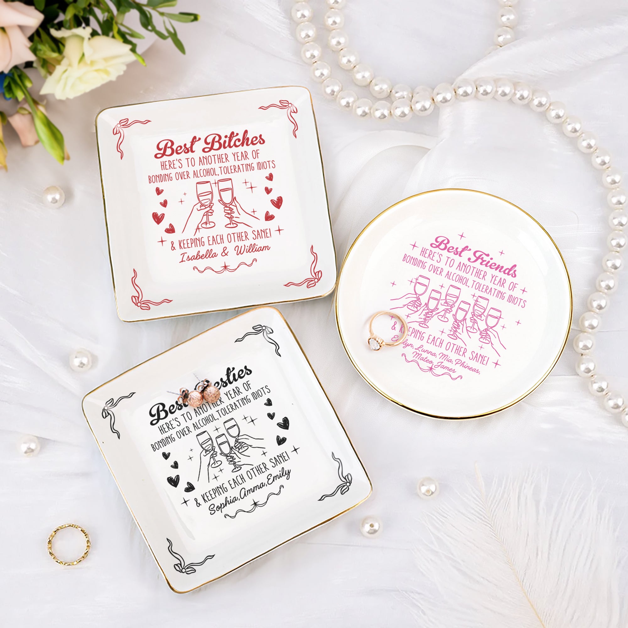 Personalizado Best Friends Heart Cheers Plato de cerámica de la joyería con el título y el nombre de uso diario regalo de cumpleaños para las hermanas amigas
