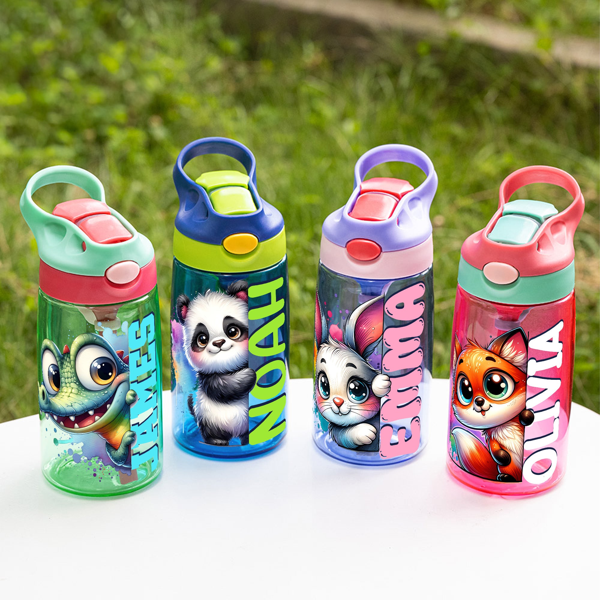 Botella de agua para niños de 16 oz con nombre y pajita de silicona Personalizada Bosque Animales de dibujos animados Regalo de cumpleaños de vuelta al cole para niños Niñas