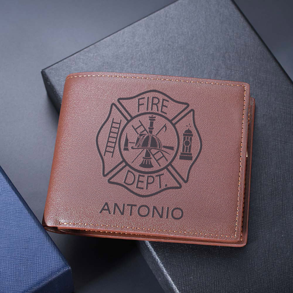 Personalizado Elementos de lucha contra incendios de cuero de PU Billetera con nombre y texto Accesorios portátiles Día del Padre Regalo de cumpleaños para los bomberos Hombres