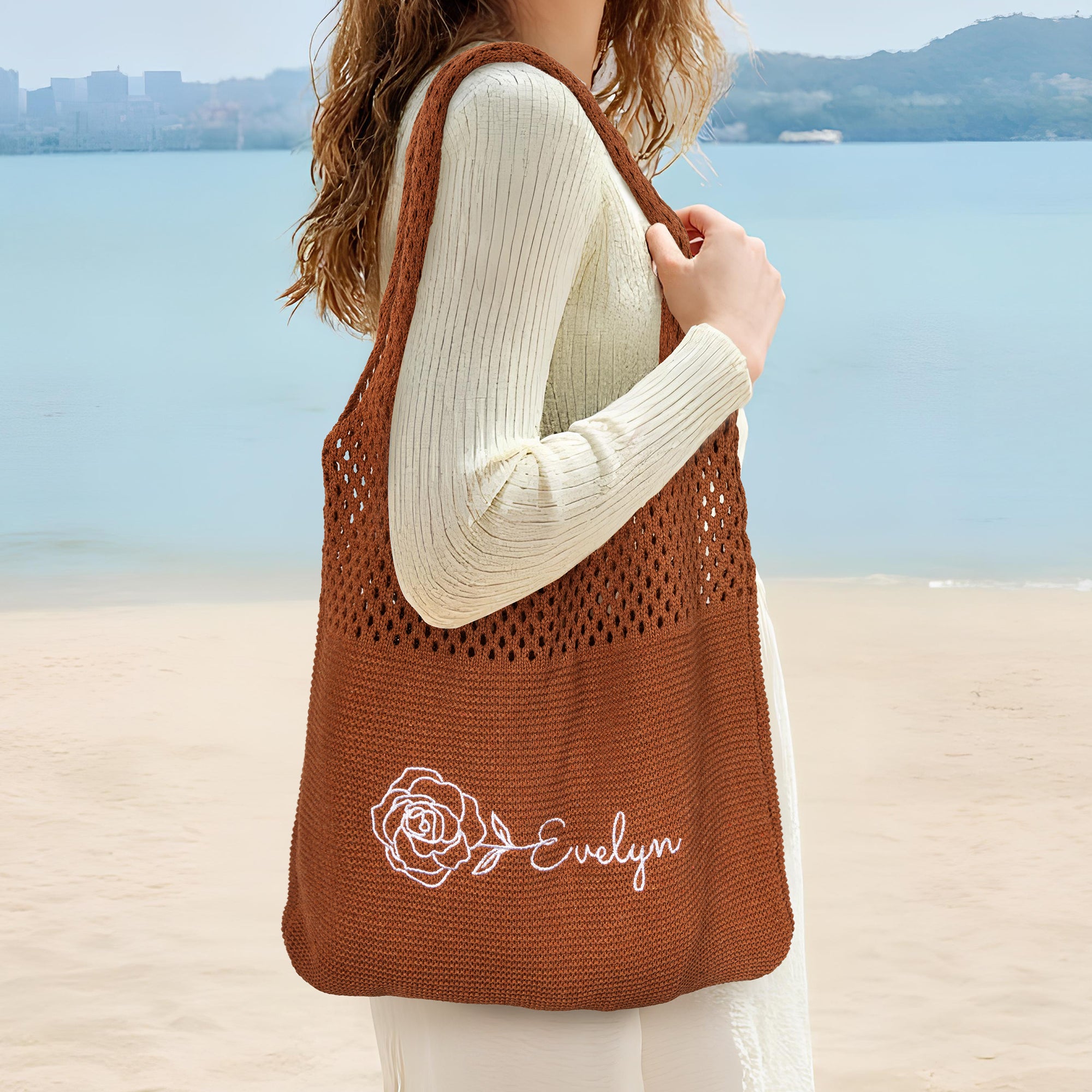 Personalizada Retro Bordado Nacimiento Flor Crochet Malla Bolsa Tote con Nombre Verano Playa Viaje Cumpleaños Regalo para Mujer