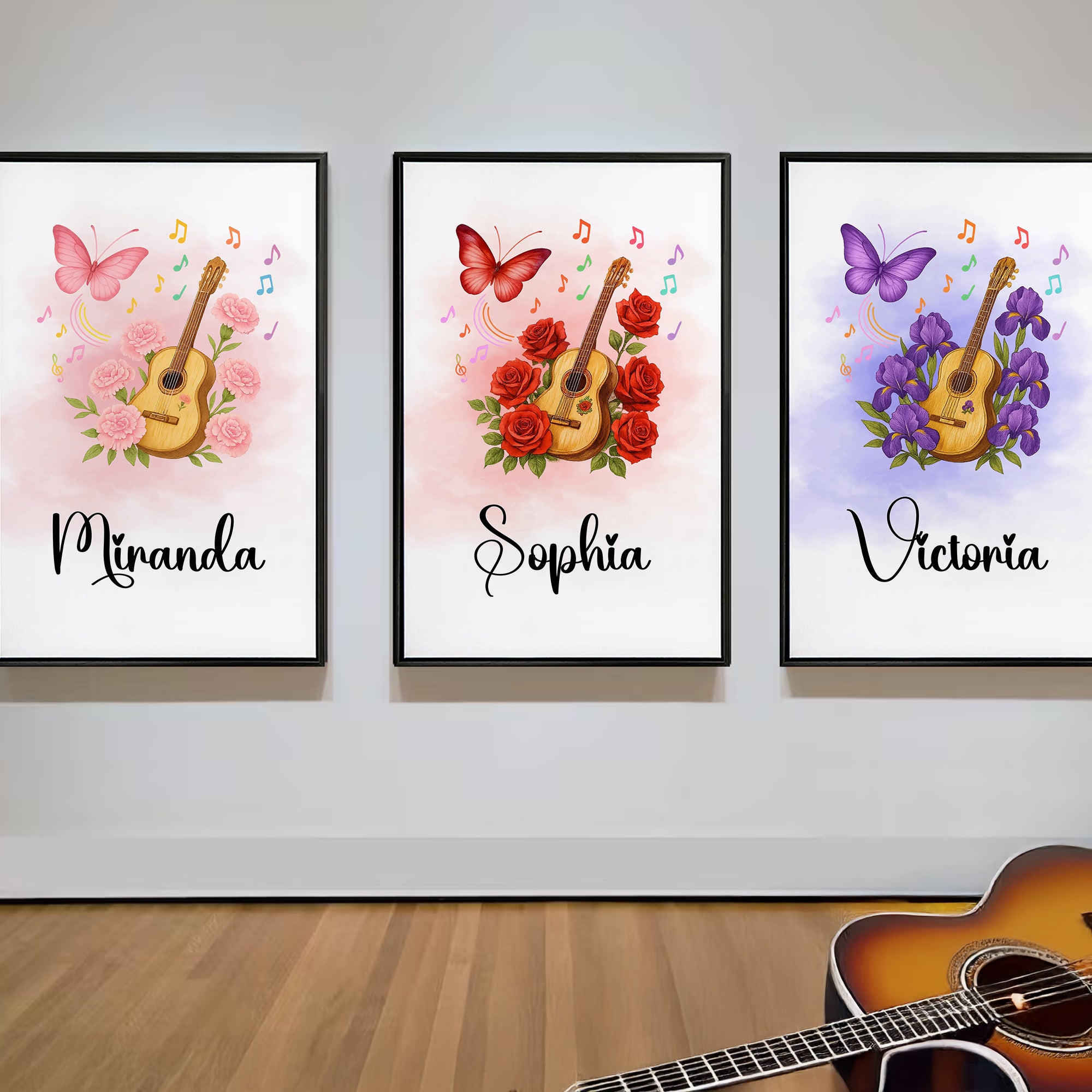 Personalizado Guitarra Nacimiento Flor Mariposa Música Símbolo Lienzo Póster Enmarcado Sin Marco Pintura Navidad Cumpleaños Regalo para Amantes de la Música Guitarristas
