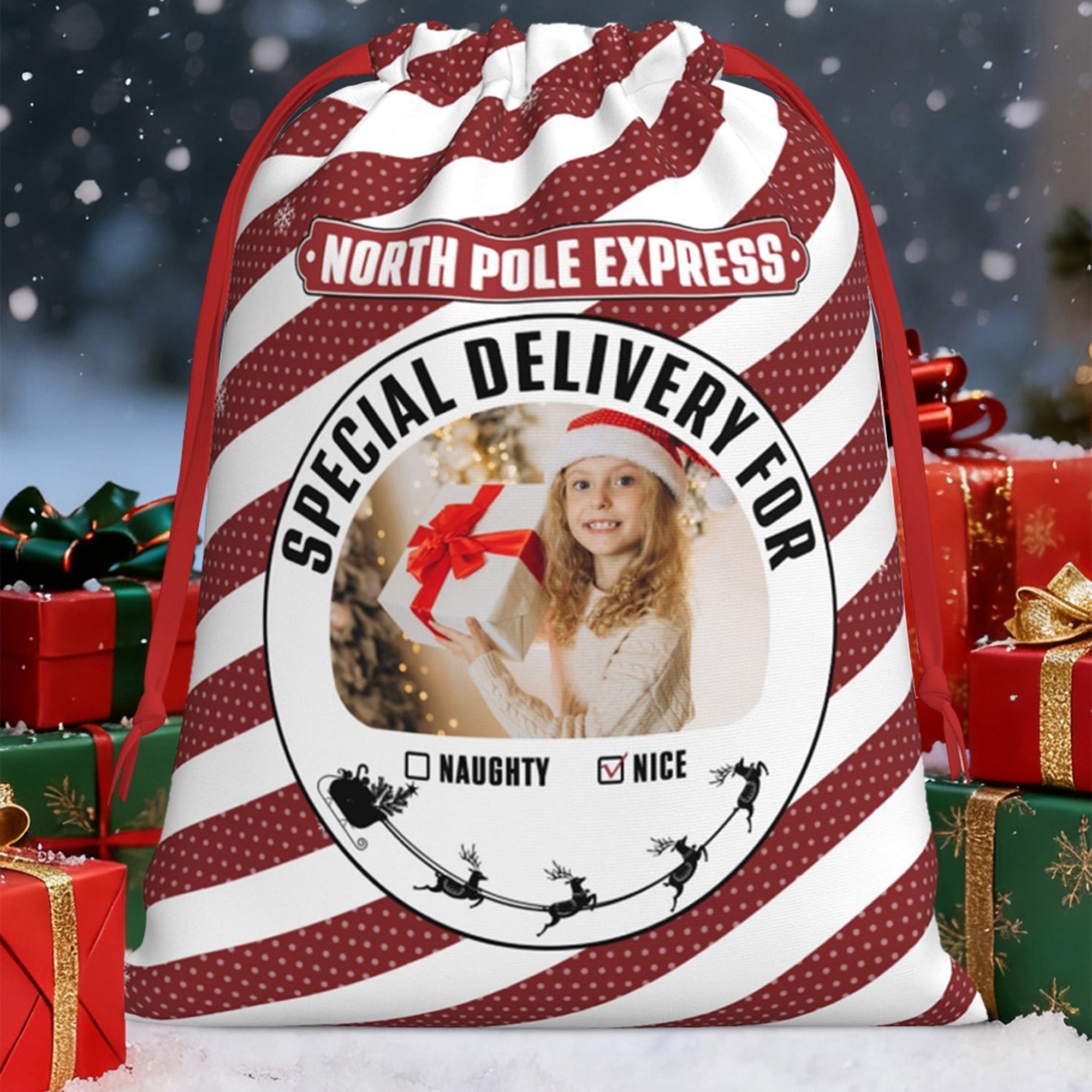 Reno personalizado Copo de nieve Rayas Bolsa de regalo de Navidad con foto Regalo de Navidad para niños Niñas