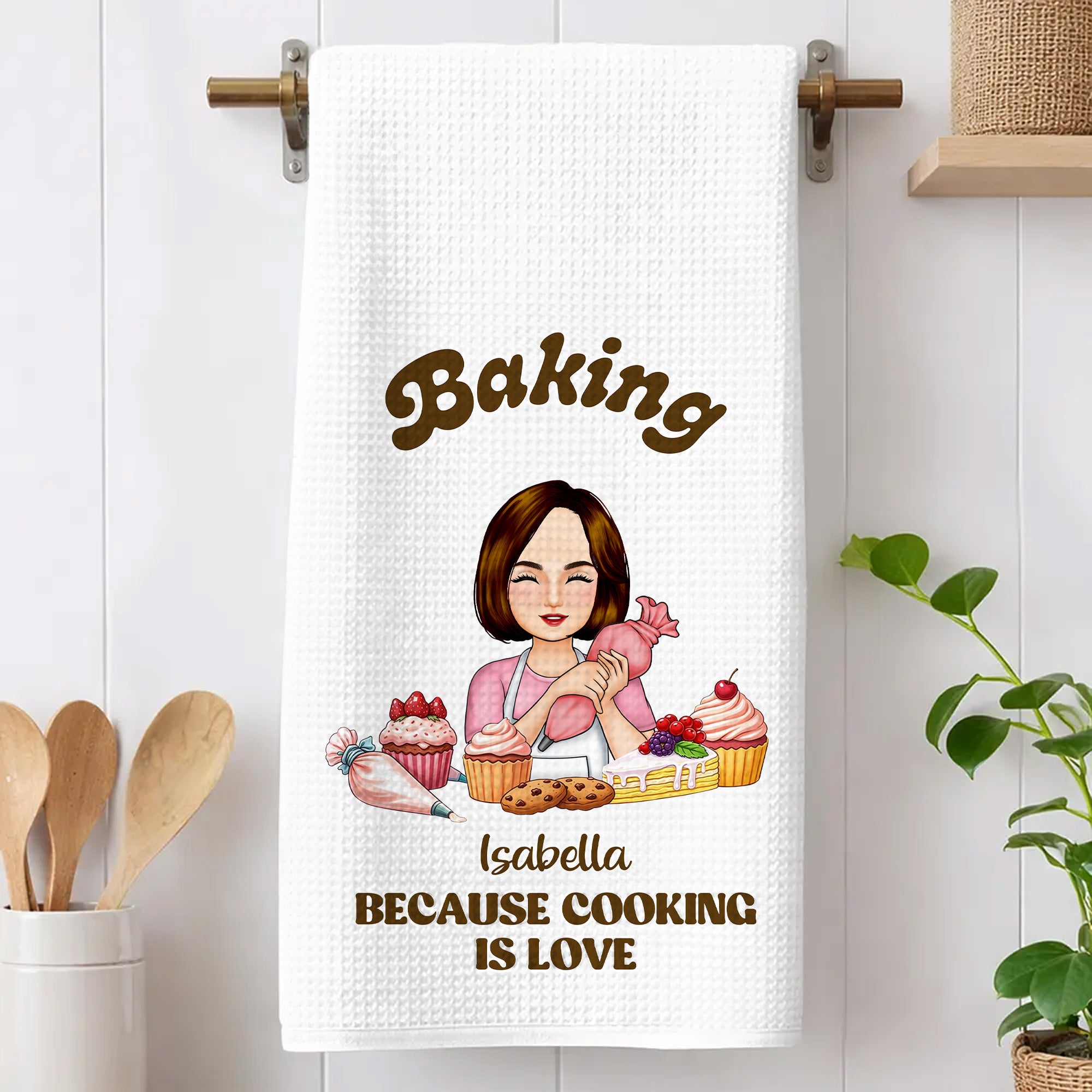 Toalla de cocina personalizada Baking Because Cooking Is Love Waffle Tea Towel con nombre Uso diario Regalo de cumpleaños para ella