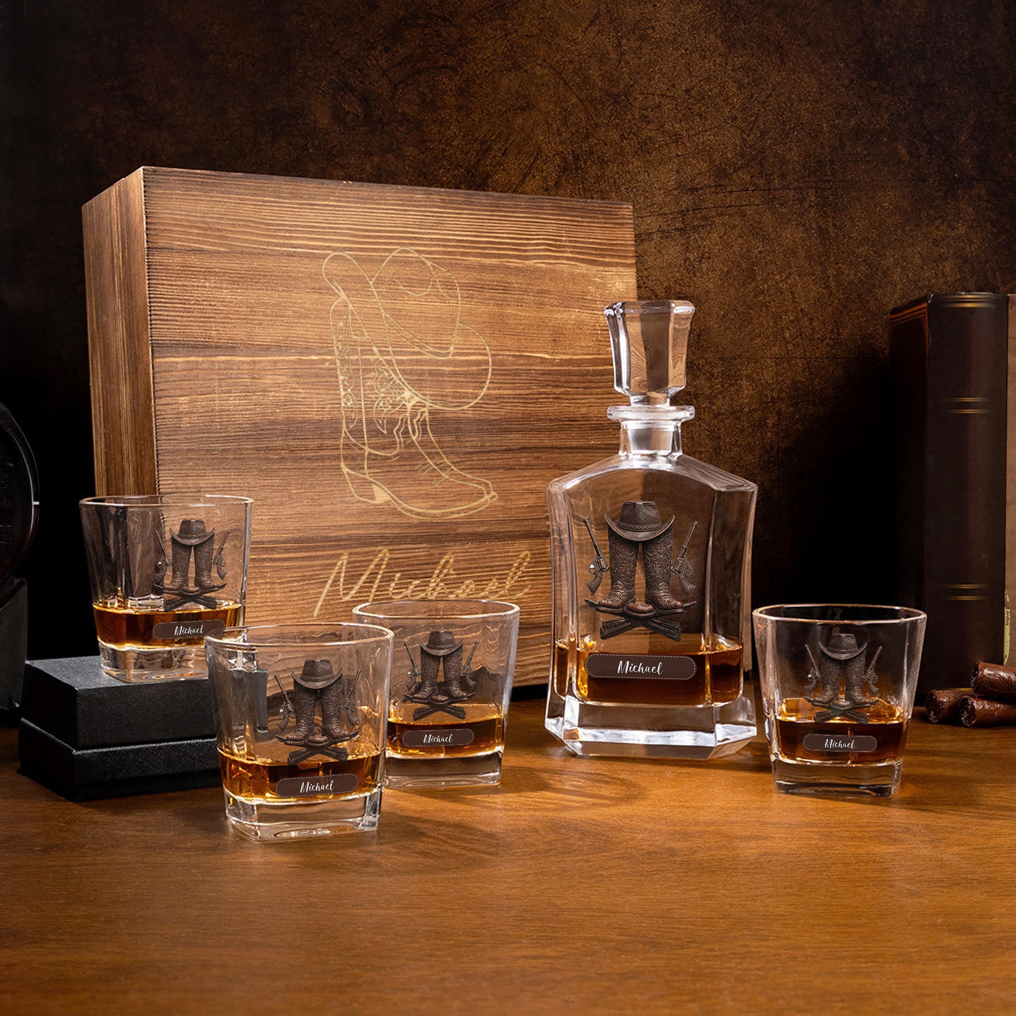Botas de Vaquero Retro Personalizadas Decantador de Whisky y 2 Copas con Nombre Accesorio de Bar Regalo de Cumpleaños Aniversario para Hombres Amantes del Whisky