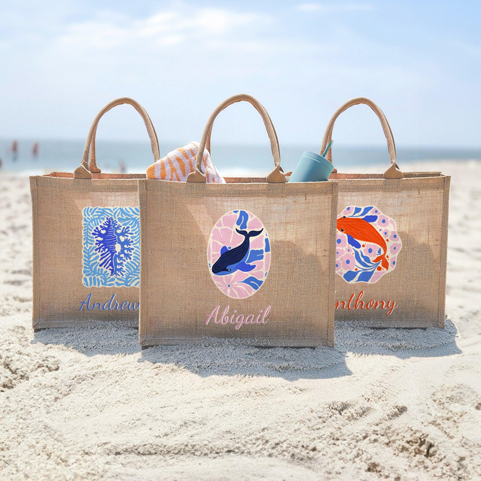 Personalizada Ballena Arte Marino Ilustración Bolsa de Yute Tote con Nombre Vacaciones de Verano Fiesta en la Playa Regalo de Cumpleaños para Mujer Amante del Océano