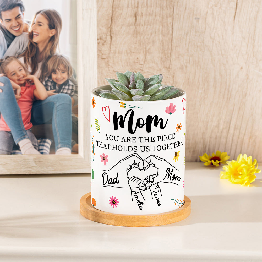 Maceta de cerámica con nombres de niños 1-6 en acuarela personalizada con base de bambú Regalo del Día de la Madre para mamá