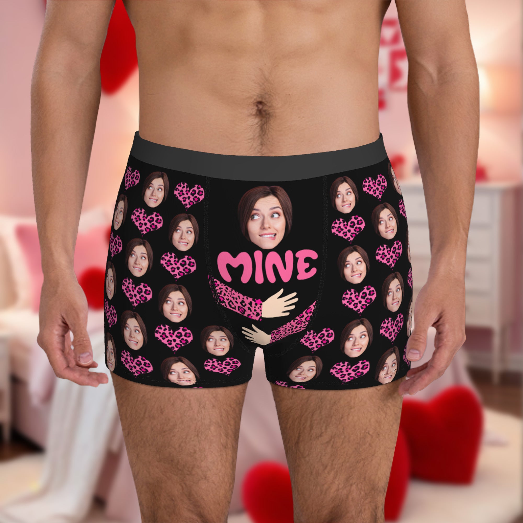 Personalizado Funny Face Foto Corazón Leopardo Imprimir Boxer Brief Ropa interior de los hombres Día de San Valentín Aniversario de regalo para los hombres
