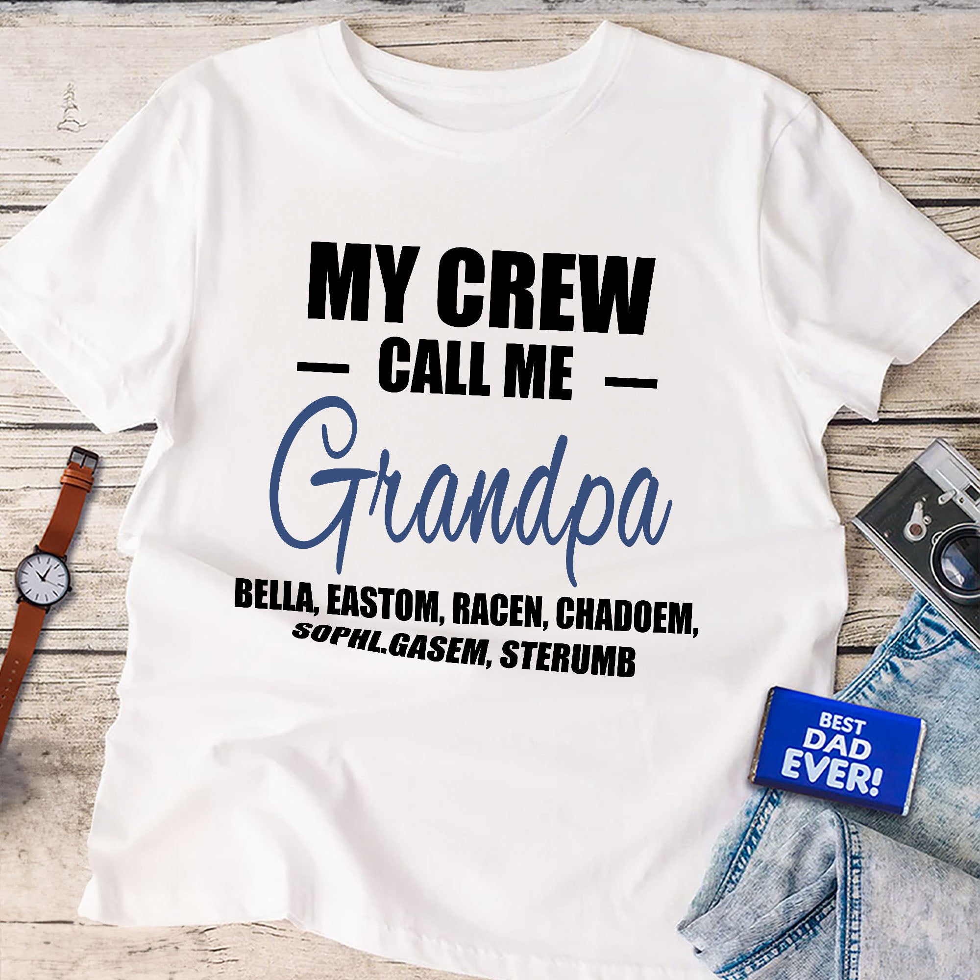 Camiseta personalizada My Crew Calls Me 100% algodón con nombre Cumpleaños Día del Padre Regalo para papá Abuelo