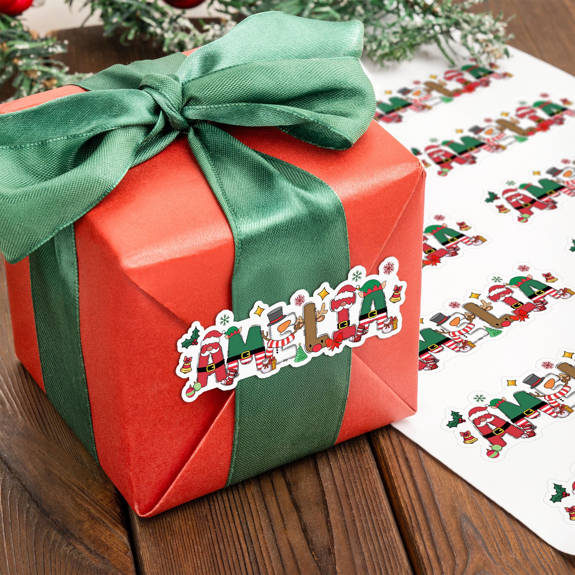 Juego de 2 etiquetas adhesivas navideñas impermeables con nombre Papá Noel Reno Muñeco de nieve Personalizadas Decoración navideña Regalos de fiesta para la familia Niños