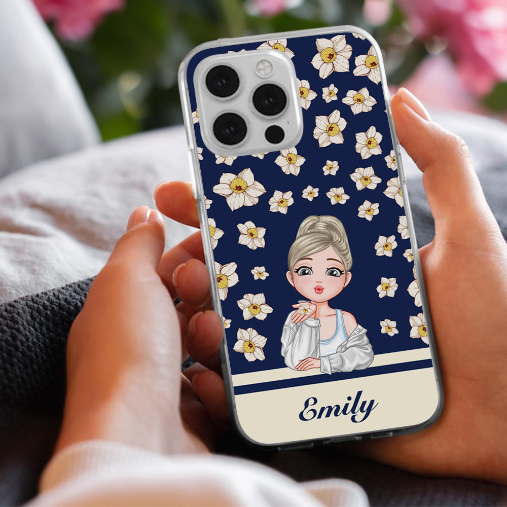 Personalizada de dibujos animados Chica Volando Nacimiento Flor Multicolor TPU Funda de teléfono para iPhone con nombre Accesorios de moda de vacaciones Cumpleaños Regalo para las mujeres