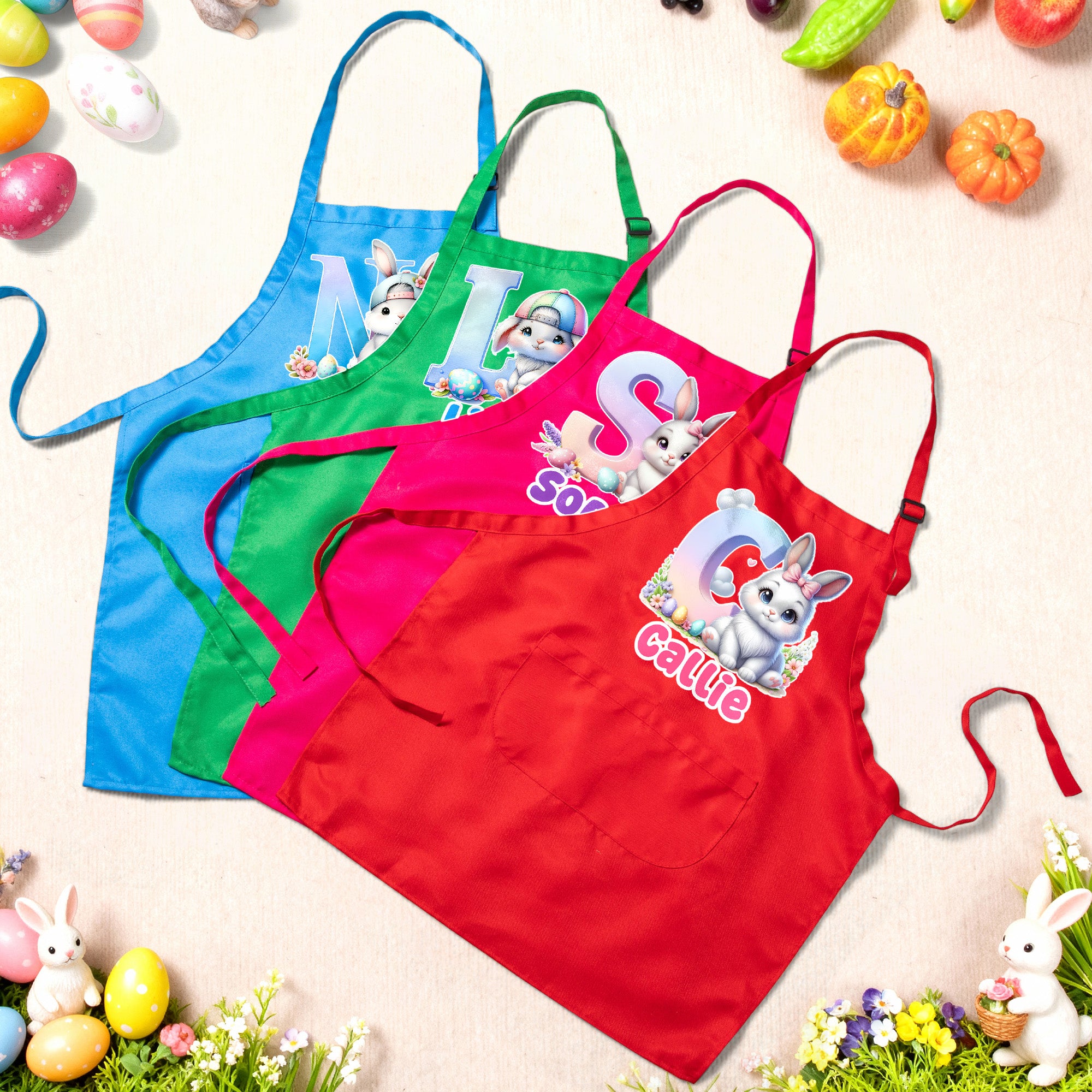 Set de delantal y gorro de cocina con nombre y bolsillo, personalizados y con iniciales de conejito, ajustable, regalo de Pascua para niños y niñas.