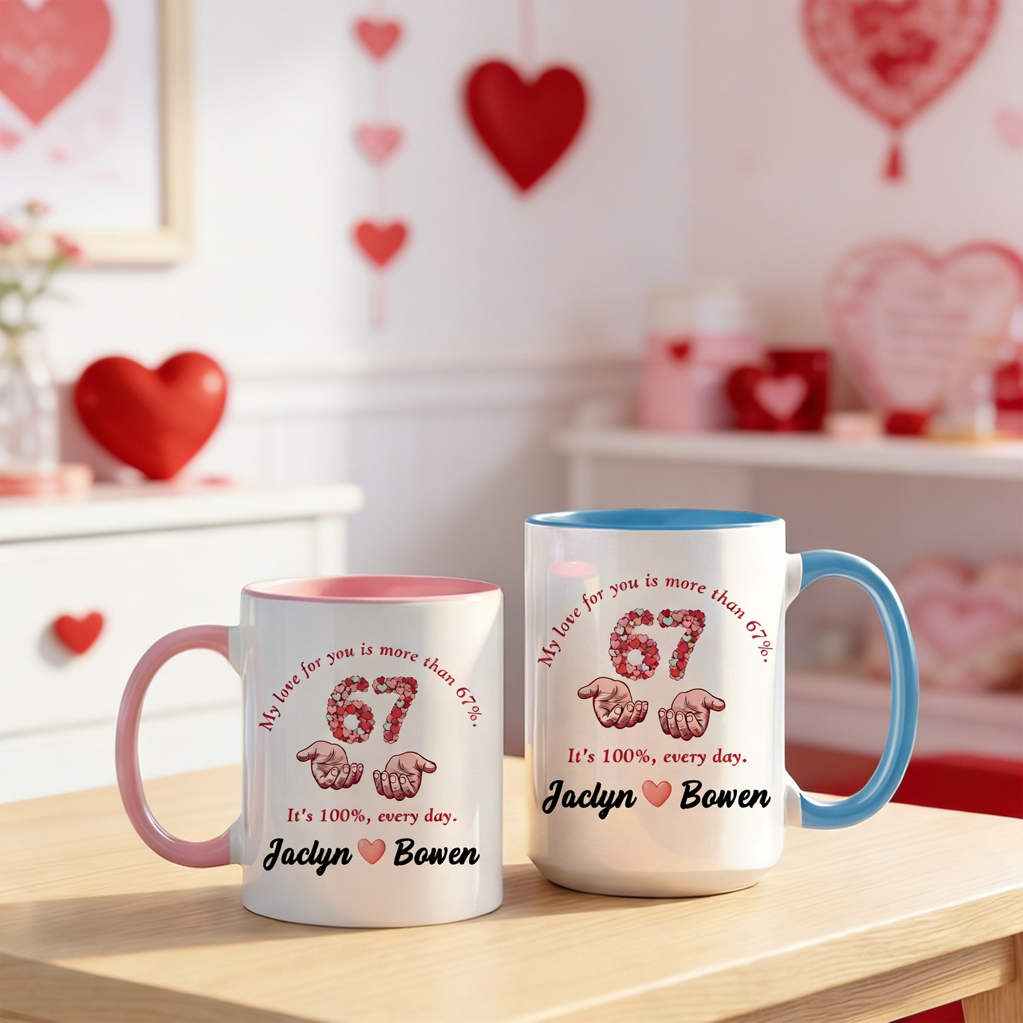 Taza de cerámica con nombre y posavasos personalizada con diseño de seis siete corazones 11 oz 15 oz Día de San Valentín Regalo de cumpleaños para ella Él