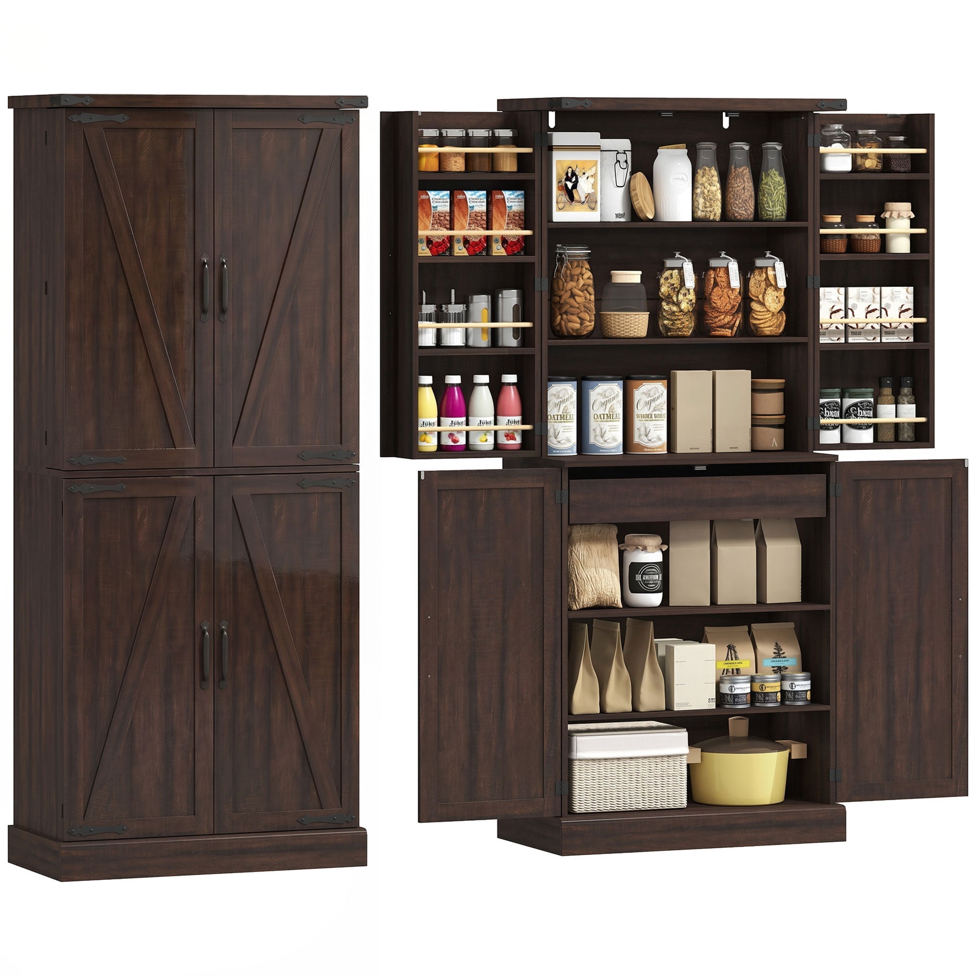 72" Tall Farmhouse Pantry with Barn Doors, 8 Shelves & Drawer, Distressed Brown