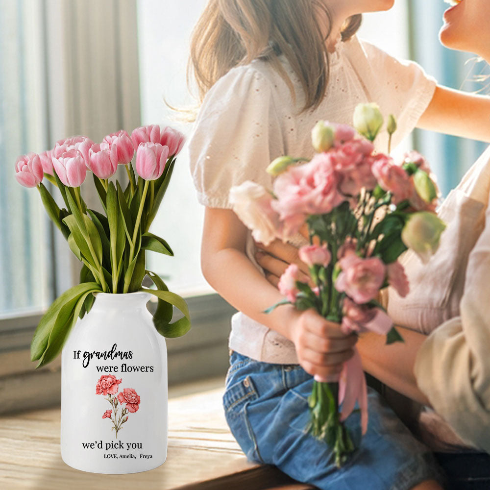 Florero de cerámica personalizado I'd Pick You Birth Flower con título y nombres Cumpleaños Día de la Madre Regalo para mamá Abuela Familia