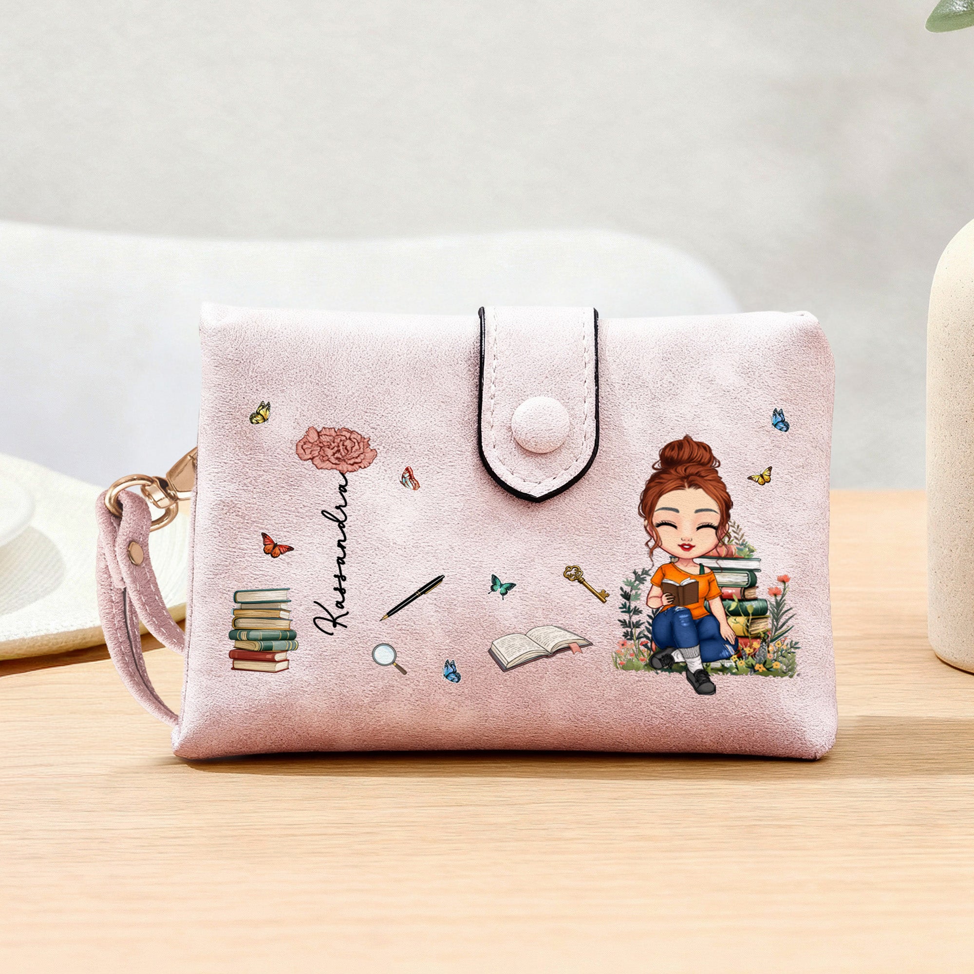 Cartera de tres pliegues con tarjetero y nombre para regalo de cumpleaños para ratones de biblioteca de la familia