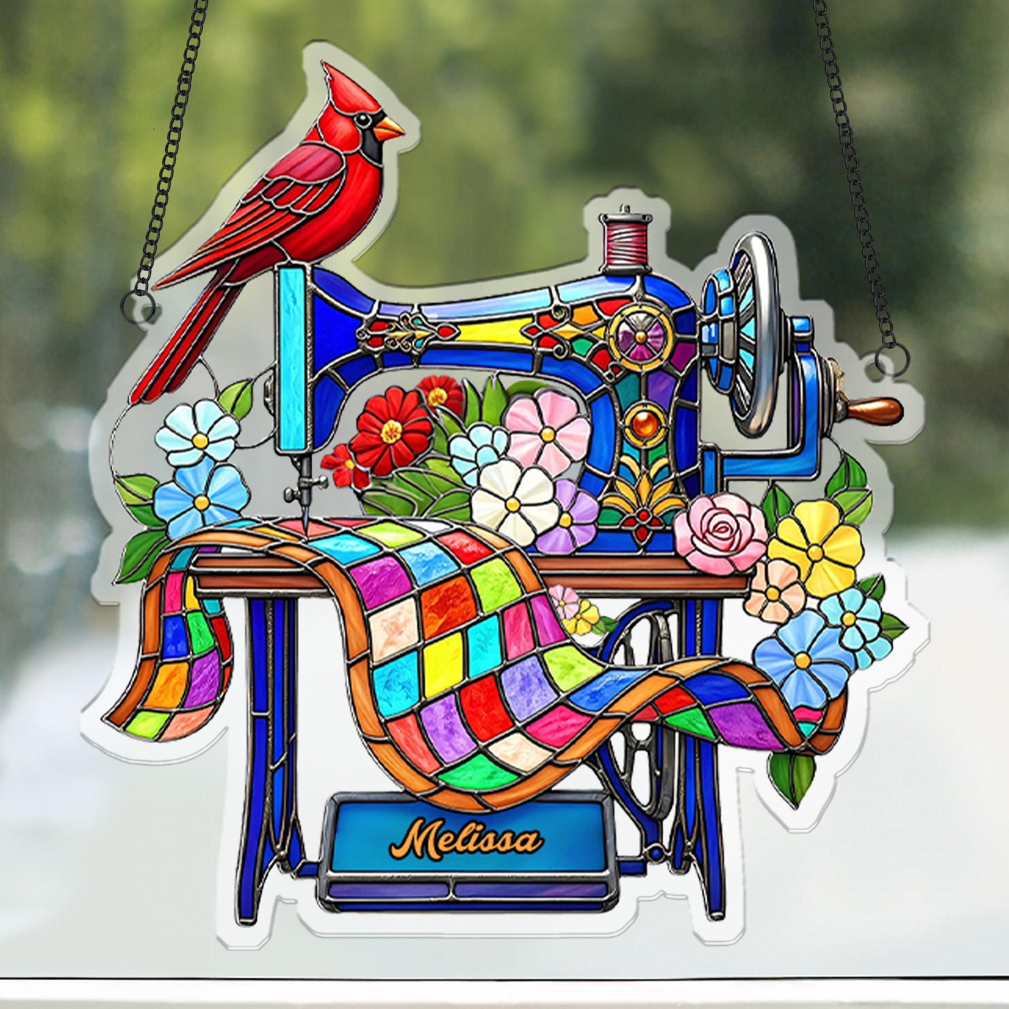 Personalizado Cardenal Máquina de Coser Nombre Imitación Vidrieras Suncatcher Acrílico Ornamento Decoración del Hogar Uso Diario Regalo de Cumpleaños para Mamá Familia Amigo