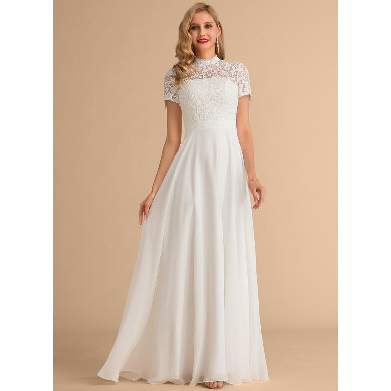Bridal Wedding Dress Ivory Short Sleeve Long High Neck A-line