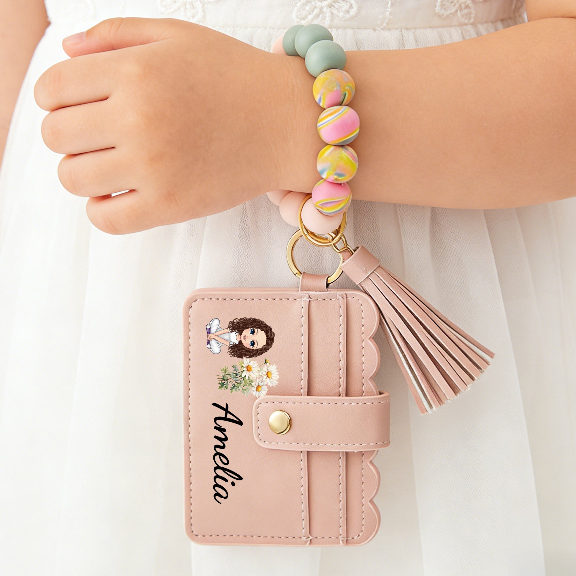 Personalizada de dibujos animados de flores de nacimiento llavero cartera tarjetero con pulsera de cuentas y el nombre de regalo de cumpleaños para los niños