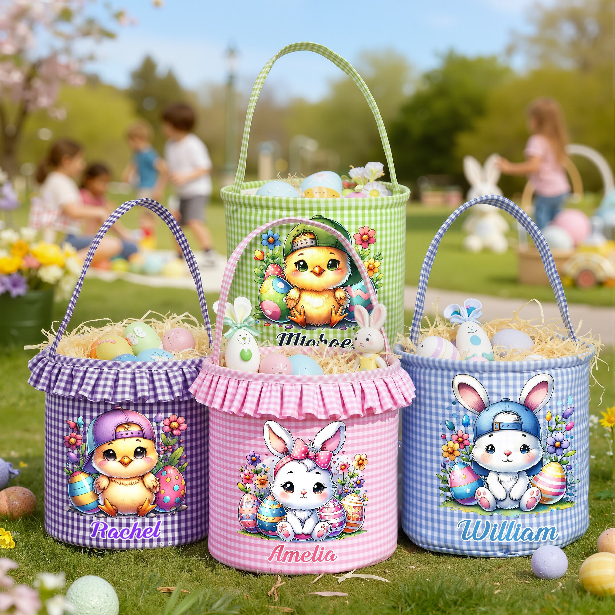 Personalizado de dibujos animados lindo conejito pollito reutilizables Pascua Plaid cesta con el nombre de Pascua Caza del Huevo de Pascua Fiesta de Regalo para los niños