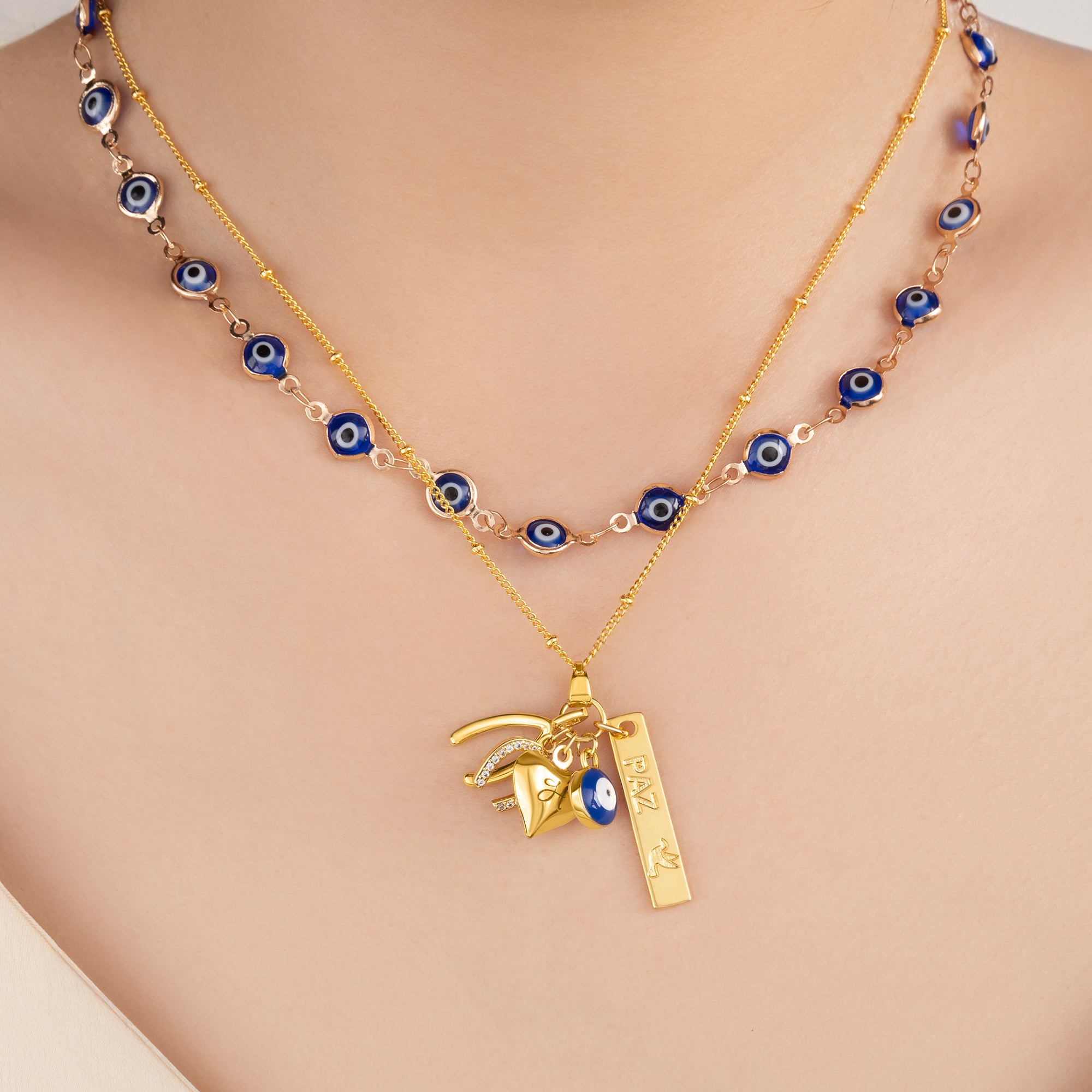 Personalizado Evil Eye Wishbone herradura Juego de 2 collares con nombre y colgante en forma de corazón cumpleaños aniversario regalo para amigos de la familia