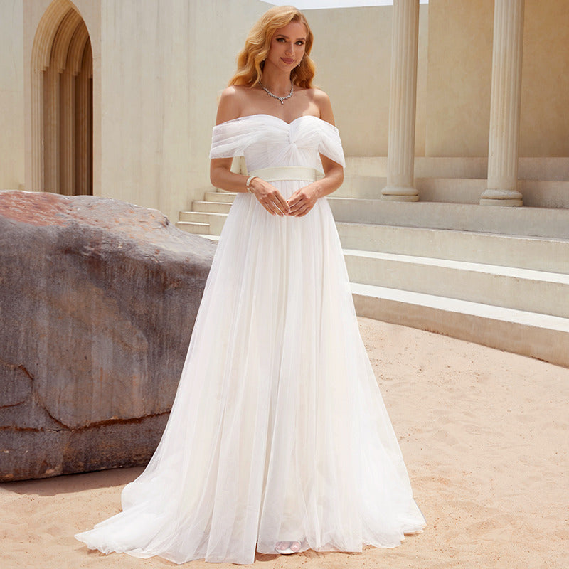 Bridal Wedding Dress White Sleeveless Long Off the Shoulder Ball-Gown Princess Tulle