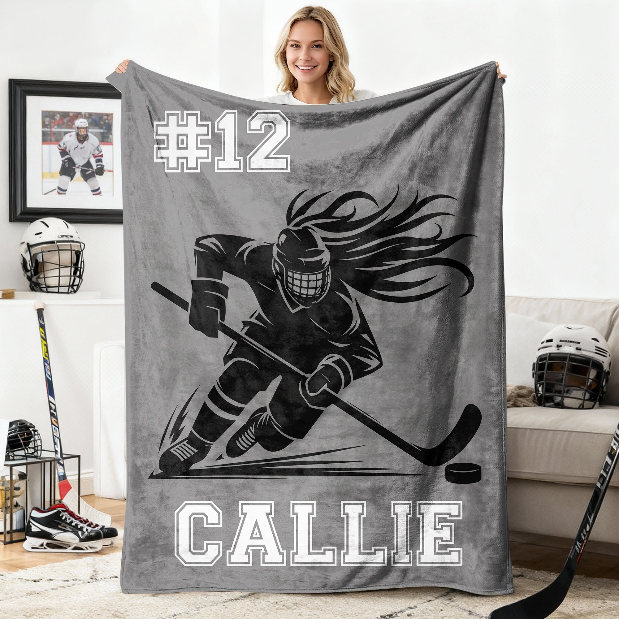 Silueta de jugador de hockey personalizada Manta suave con nombre Decoración del hogar Regalo del día del partido de cumpleaños para los amantes del hockey de los juegos de equipo